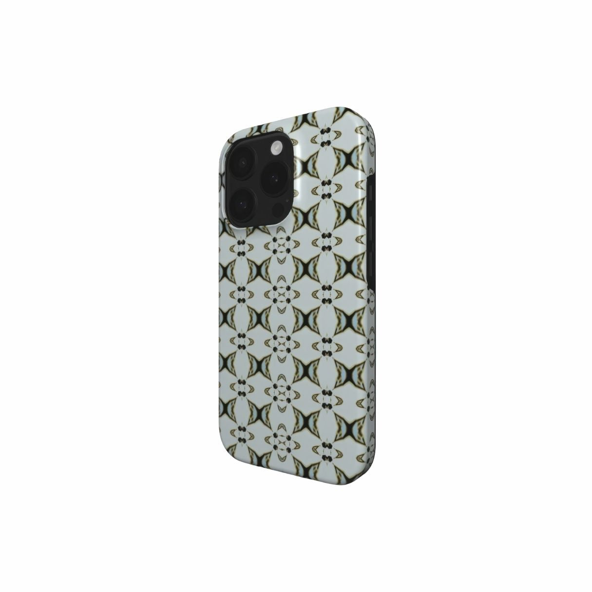 Tough phone case ButterFly pattern design with a playful, bold expression of kaleidoscope form, featuring an elegant and expressive aesthetic design. Main color is light blue. Side view.
