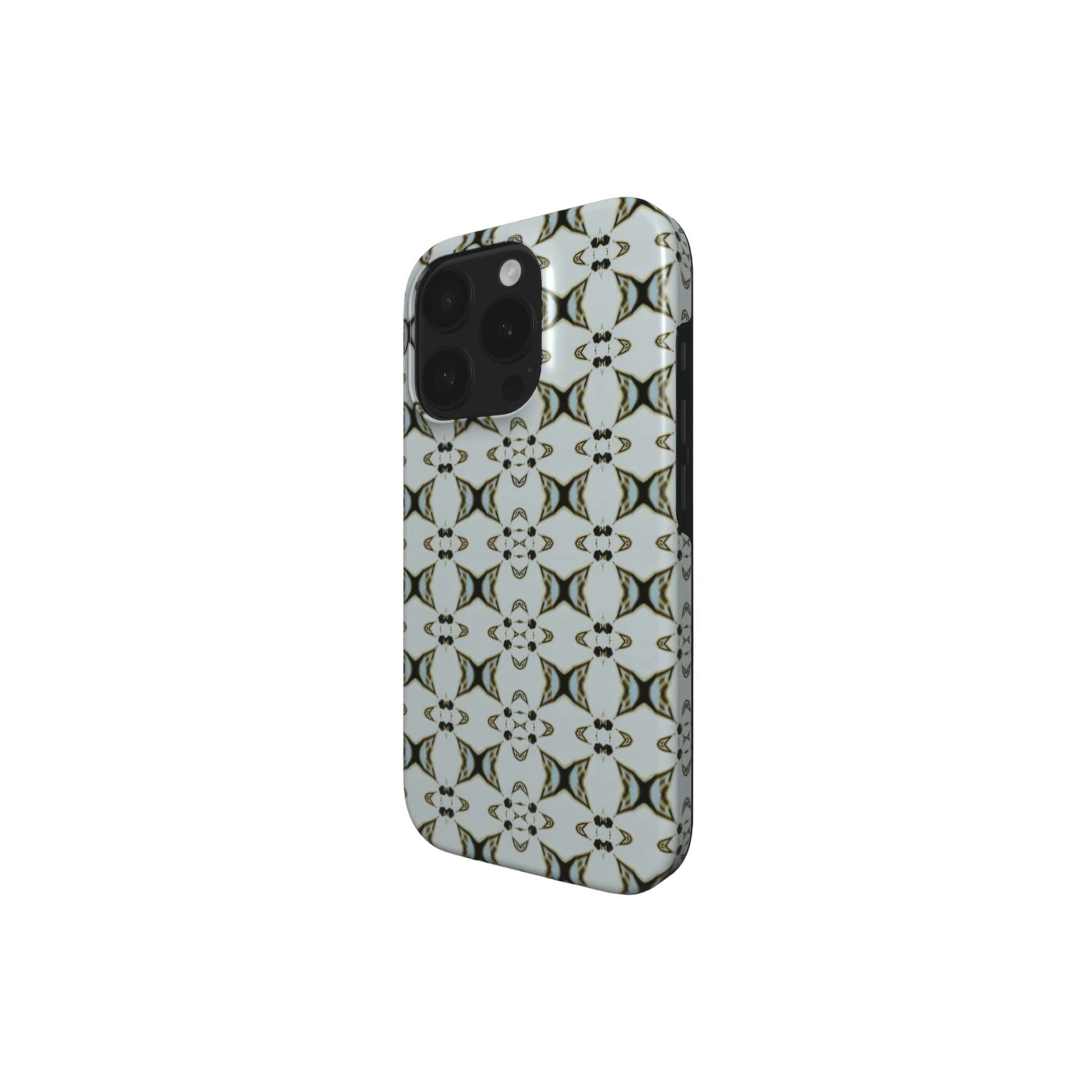 Tough phone case ButterFly pattern design with a playful, bold expression of kaleidoscope form, featuring an elegant and expressive aesthetic design. Main color is light blue. Side view.