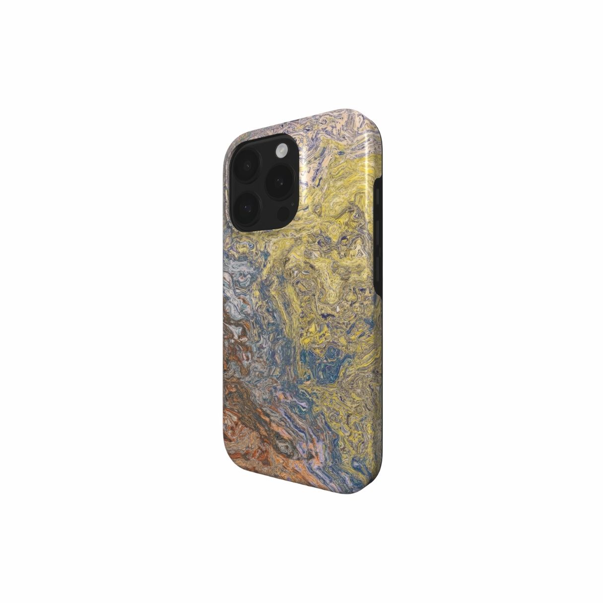 Tough phone case with a calm color pattern Chill Time abstract and artistic style, featuring an elegant and aesthetic design. Main colors are muted yellow, grey and orange, brown. Side view.