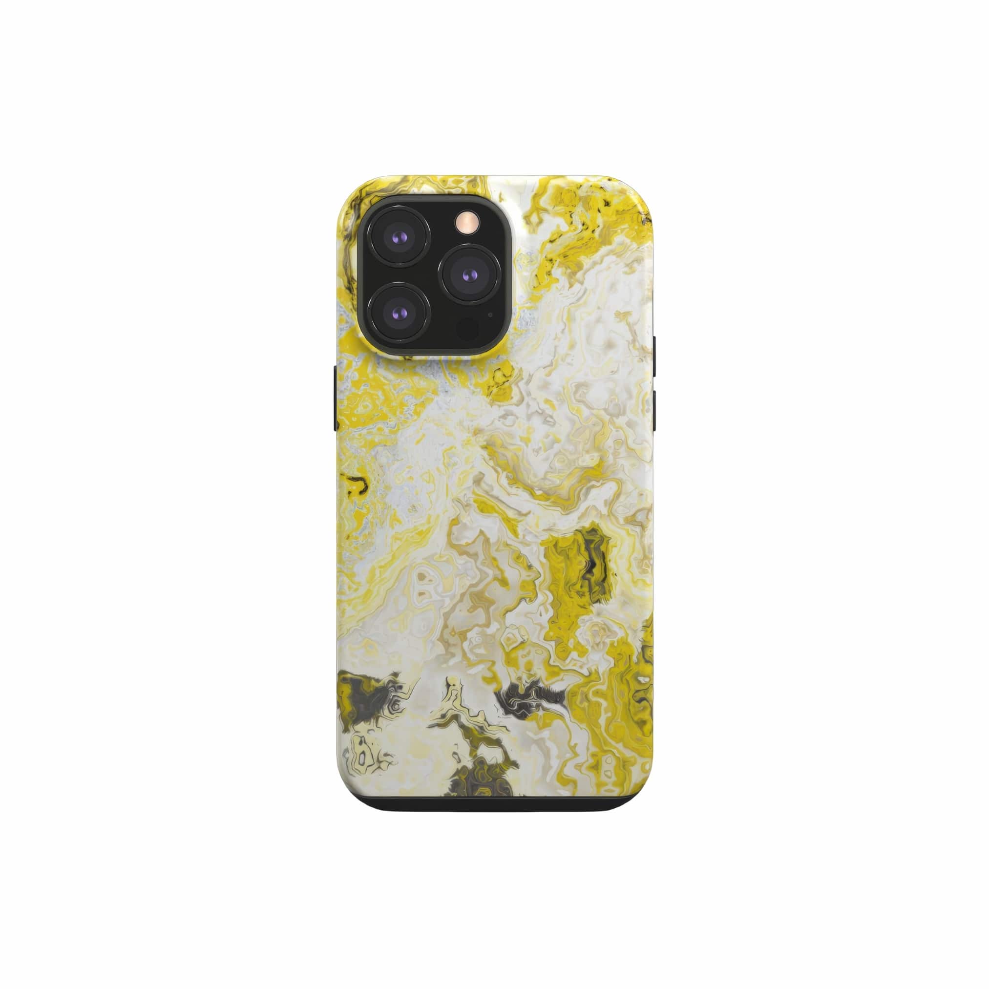 Tough phone case front view; Citron 1 pattern, artistic, abstract marble pattern. Yellow and white color combination. Bold expressive aesthetic design. Colorful and interior fit. Elegant.