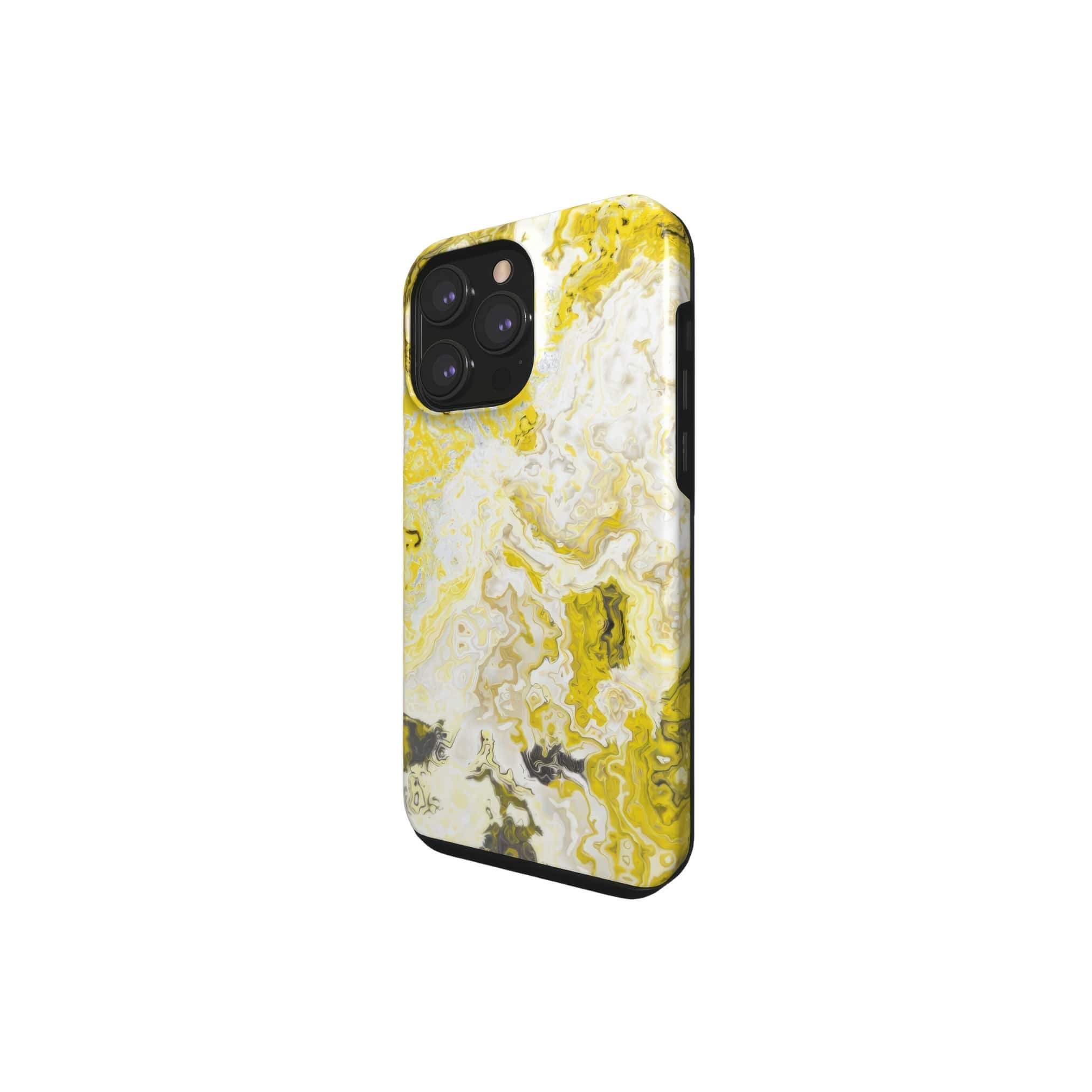 Tough phone case side view; Citron 1 pattern, artistic, abstract marble pattern. Yellow and white color combination.