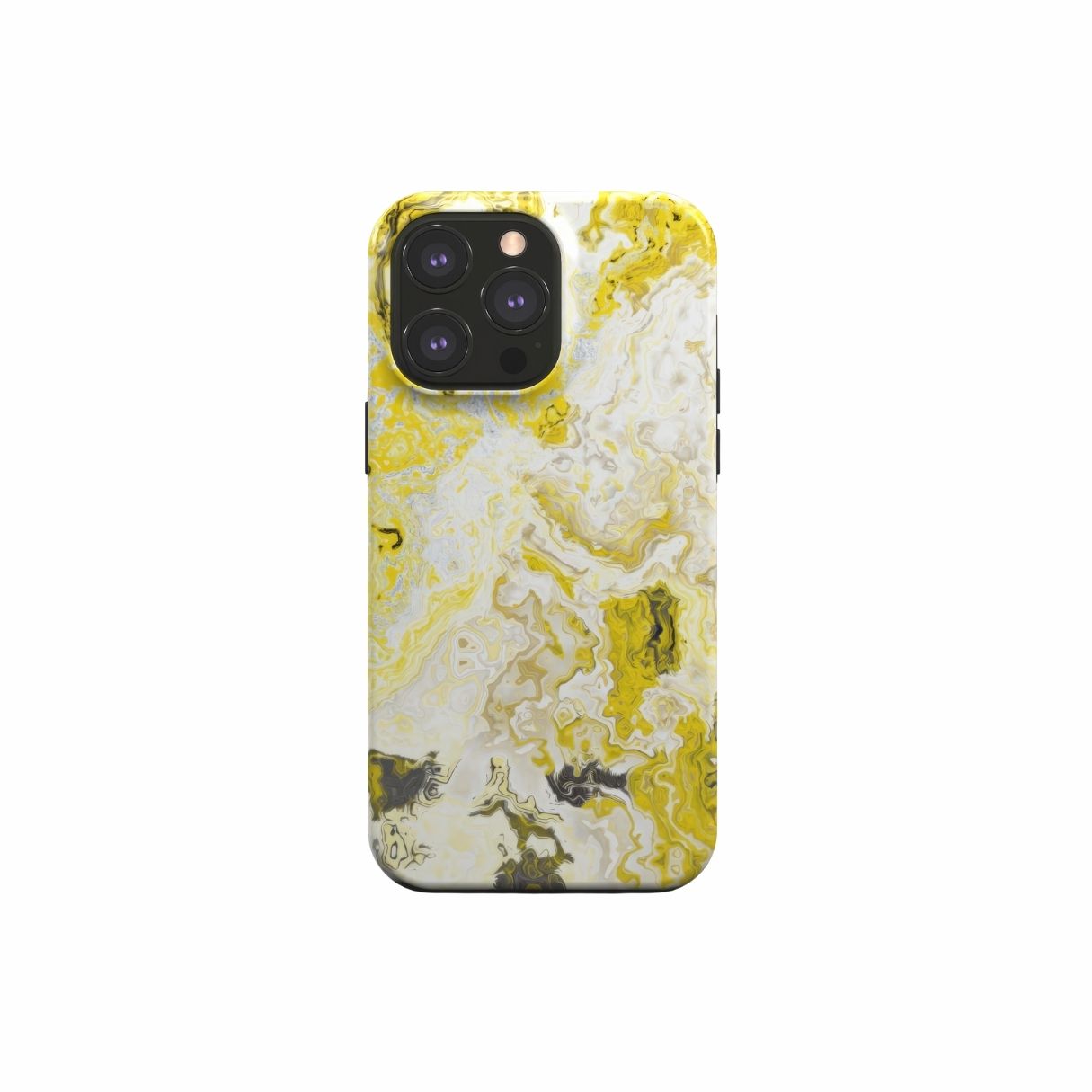 Tough phone case front view; Citron pattern, artistic, abstract marble pattern. Yellow and white color combination. Bold expressive aesthetic design. Colorful and interior fit. Elegant.