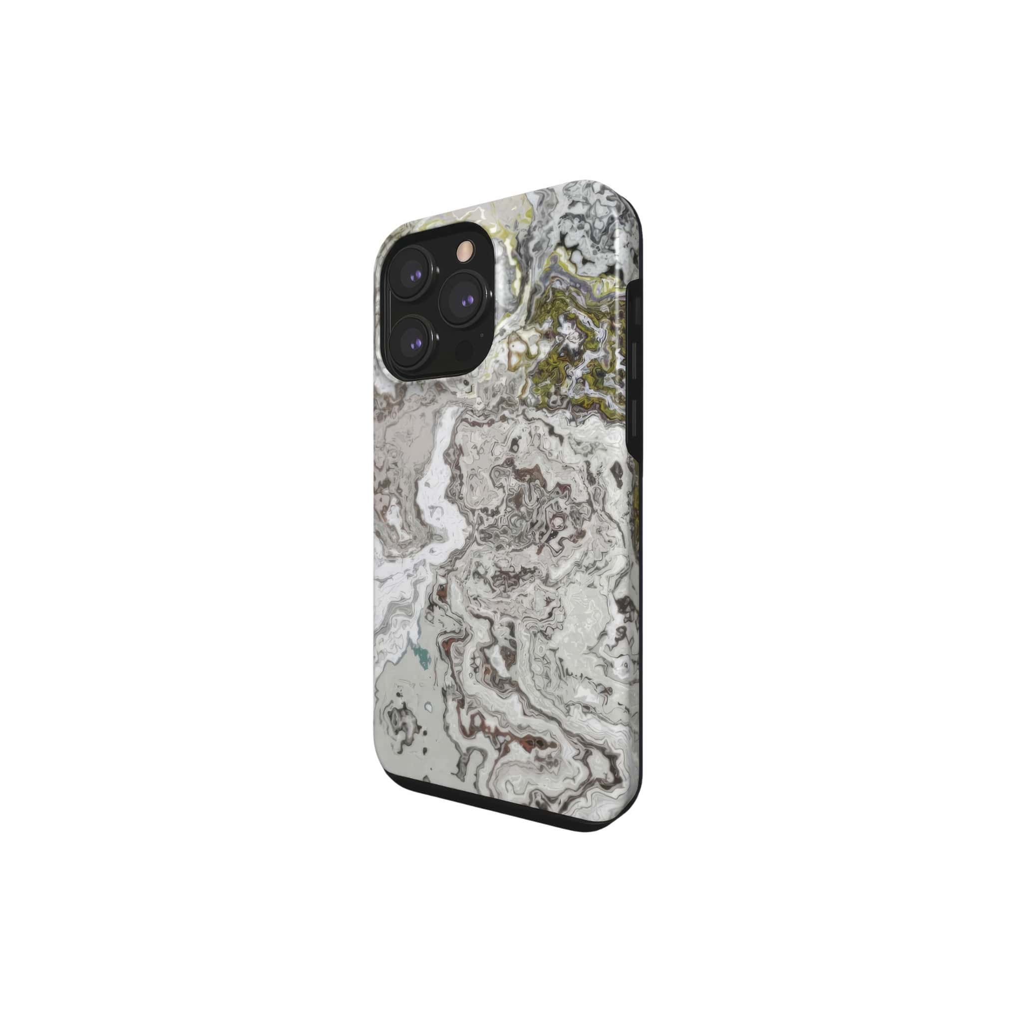 Tough phone case side view; Classic White Marble 1 pattern, artistic, abstract marble pattern. White and grey color combination.