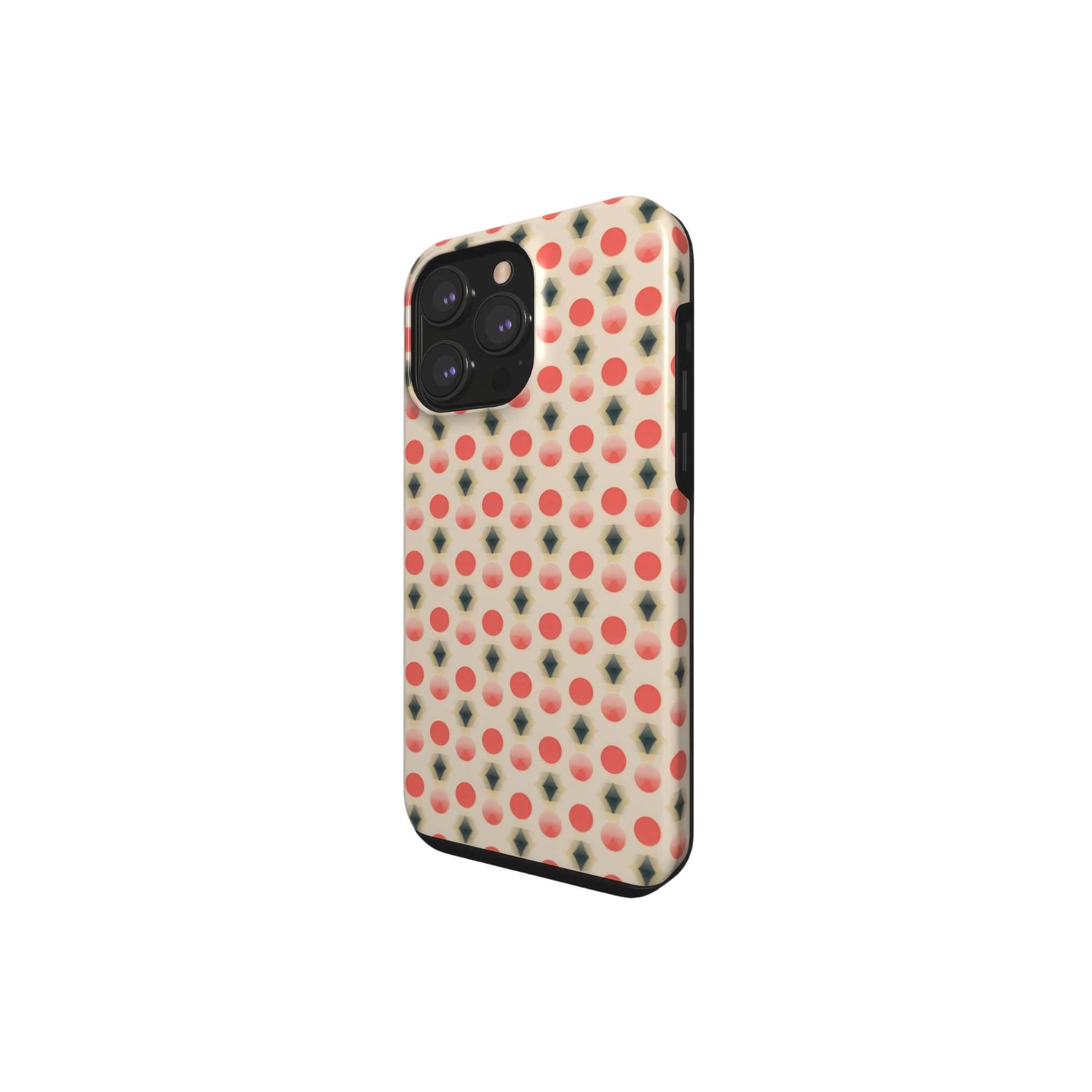 Tough phone case side view; clown add 2 pattern, artistic, ornamental kaleidoscope pattern. Red and beige color combination. 
