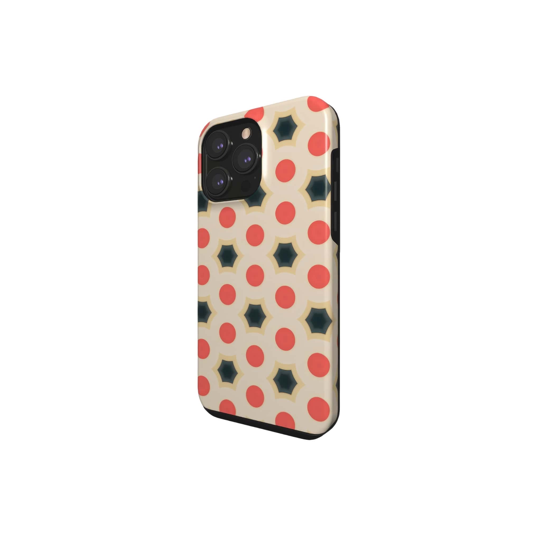 Tough phone case side view; Clown Add pattern, artistic, ornamental kaleidoscope pattern. Red and beige color combination. 