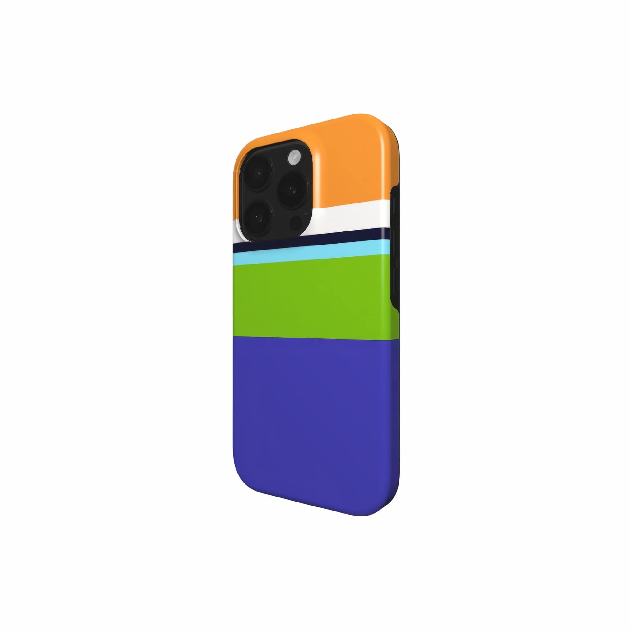 Tough phone case Color Blocks 3 pattern design with a color blocks, featuring an elegant and expressive aesthetic design. Main colors are light green, violet and orange. Side view.