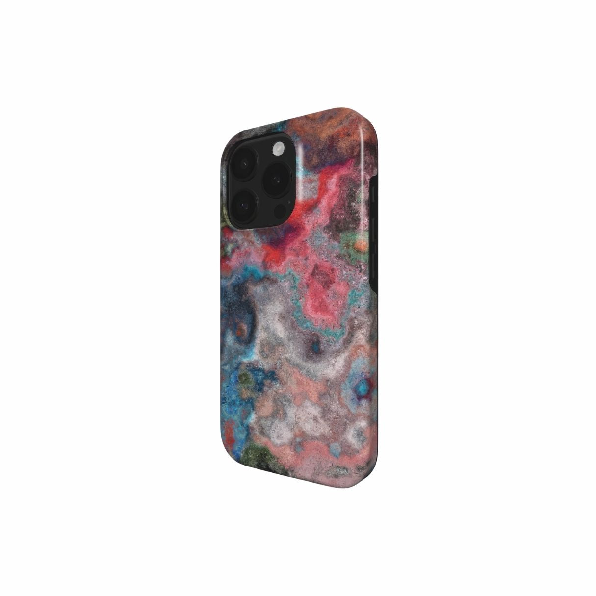 Tough phone case with vivid color pattern Color Fog abstract and artistic style, featuring an elegant and expressive aesthetic design. Main colors are red, deep blue and green. Side view.