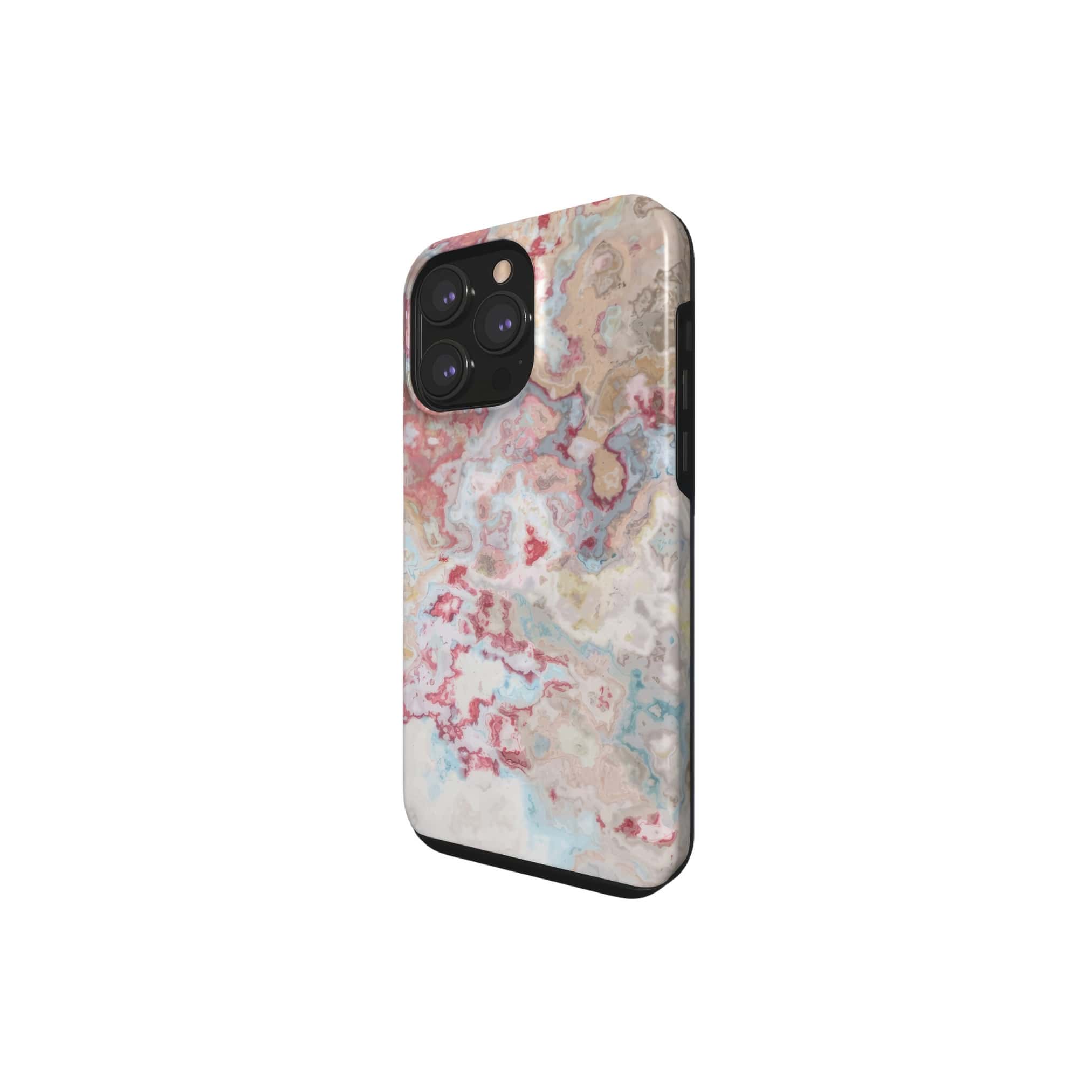 Tough phone case side view; Divine Blue 1 pattern, artistic, abstract marble pattern. Pink and blue color combination.