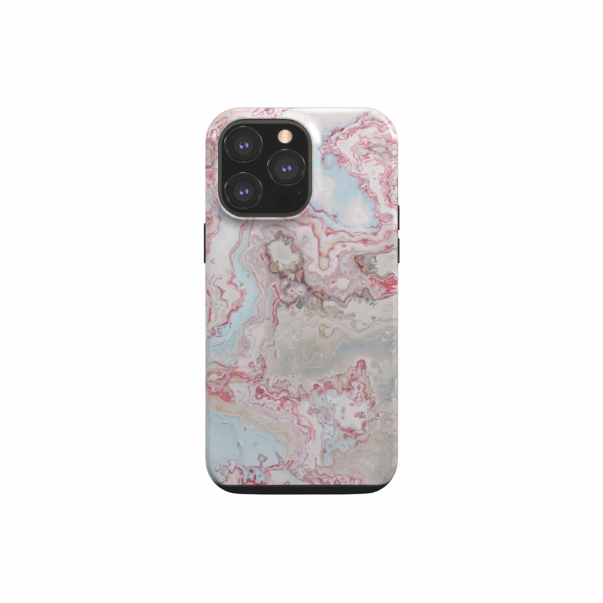 Tough phone case front view; Divine Blue 2 pattern, artistic, abstract marble pattern. Light blue and pink color combination. Bold expressive aesthetic design. Colorful and interior fit. Elegant.