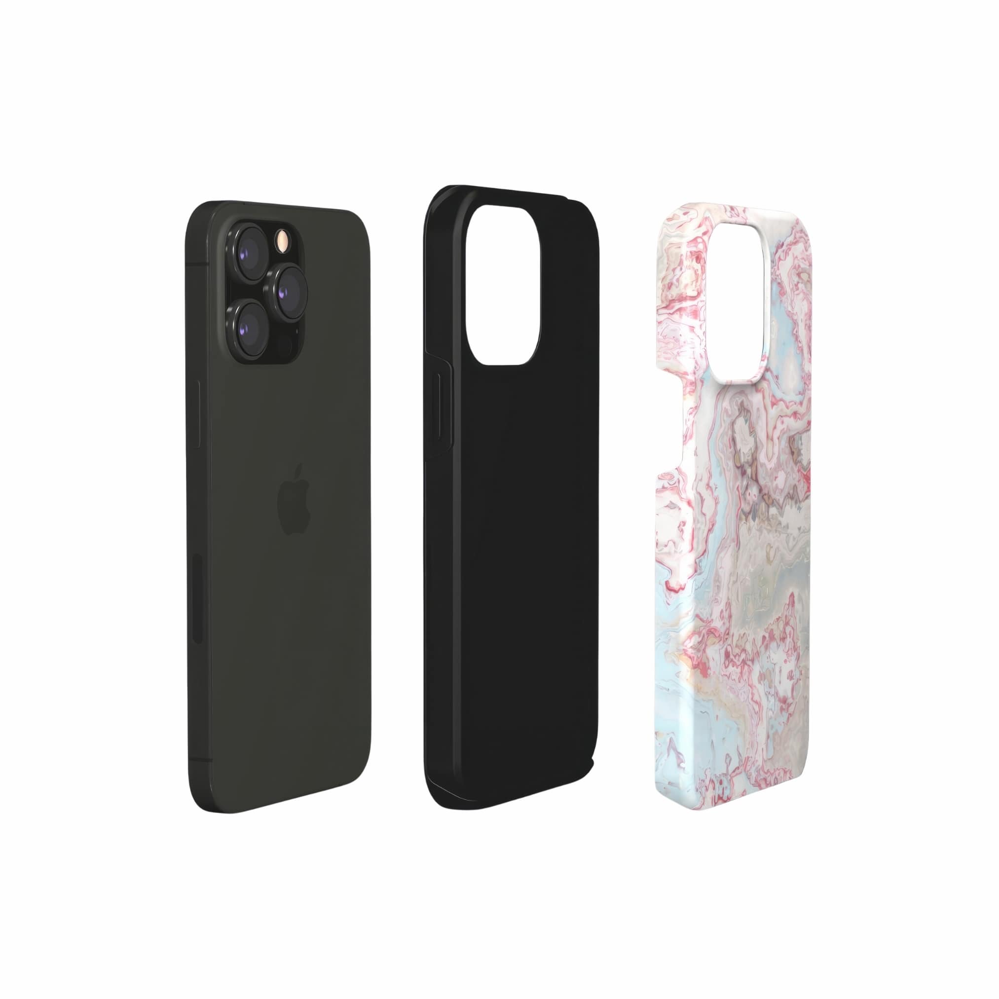 Tough phone case extend view; Divine Blue River pattern, artistic, abstract marble pattern. Light blue and pink color combination. 