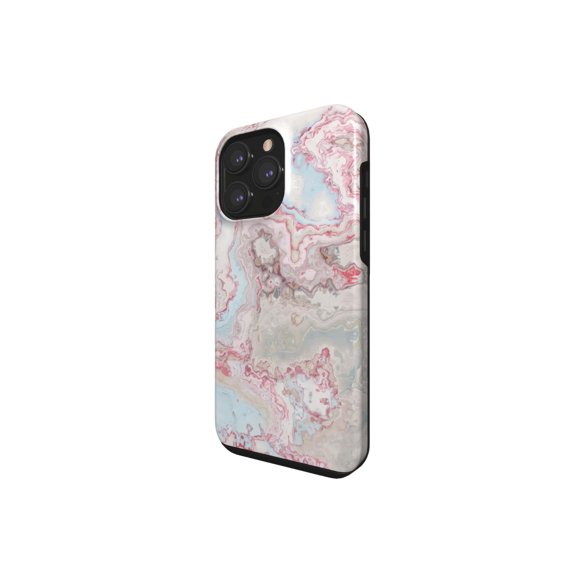 Tough phone case side view; Divine Blue River pattern, artistic, abstract marble pattern. Light blue and pink color combination. 