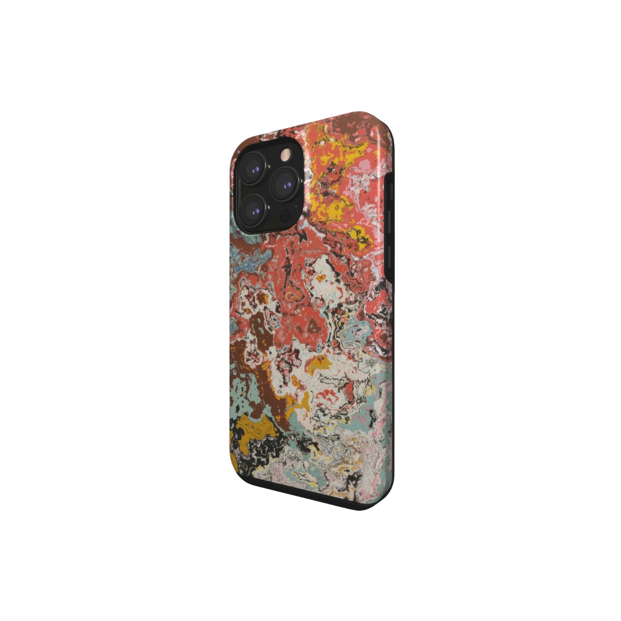 Tough phone case side view; Earth in Flux 1 pattern, artistic, abstract marble pattern. Blue and brick red color combination. 