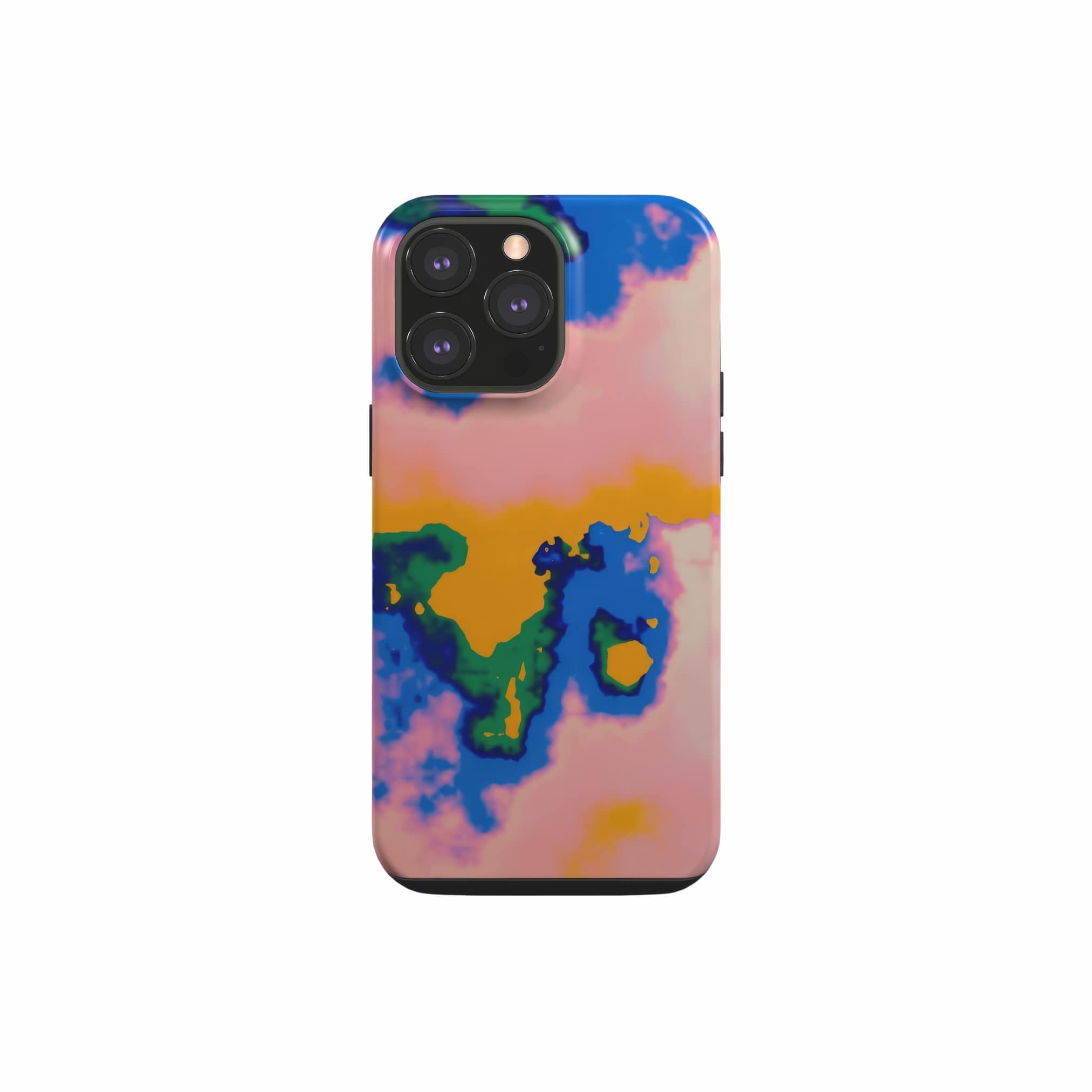 Tough phone case front view; Electricity 1 pattern, artistic, abstract marble pattern. Blue and orange color combination. Bold expressive aesthetic design. Colorful and interior fit. Elegant.