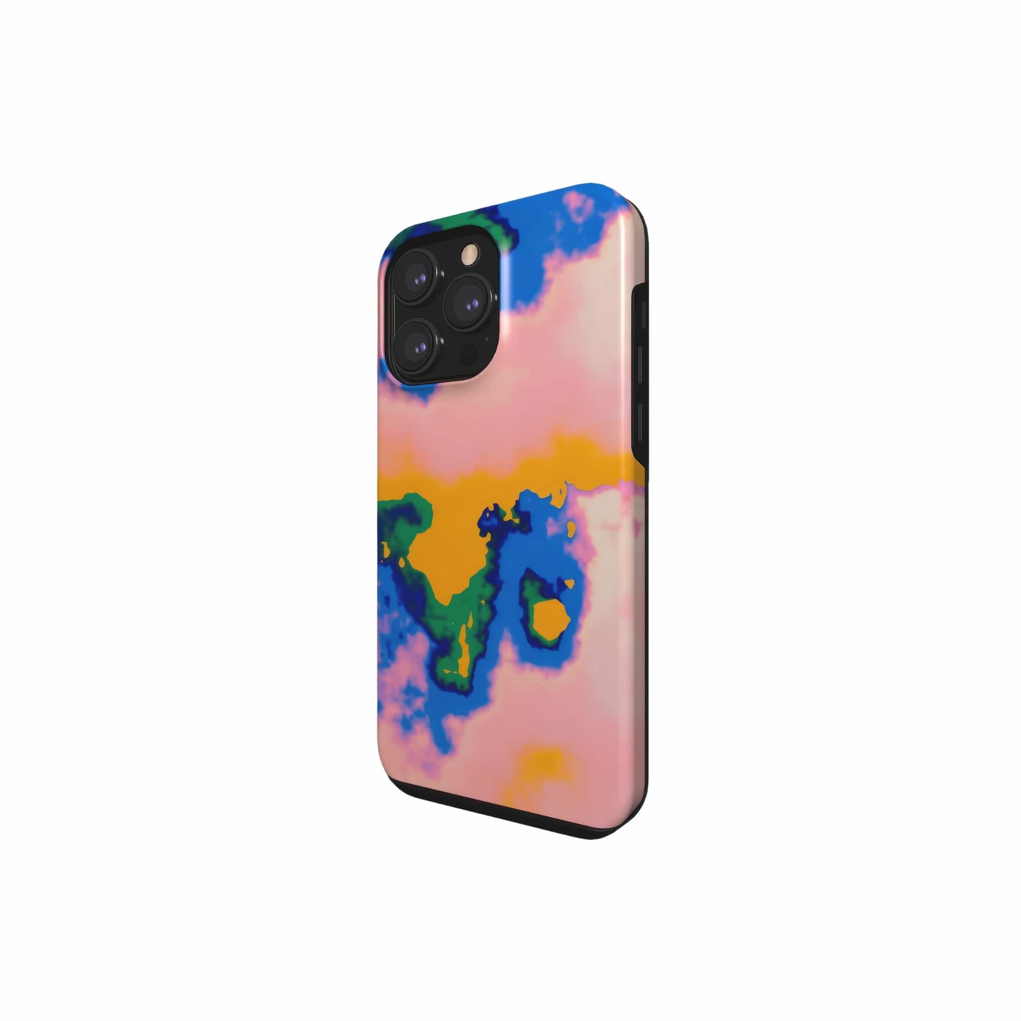 Tough phone case side view; Electricity 1 pattern, artistic, abstract marble pattern. Blue and orange color combination. 