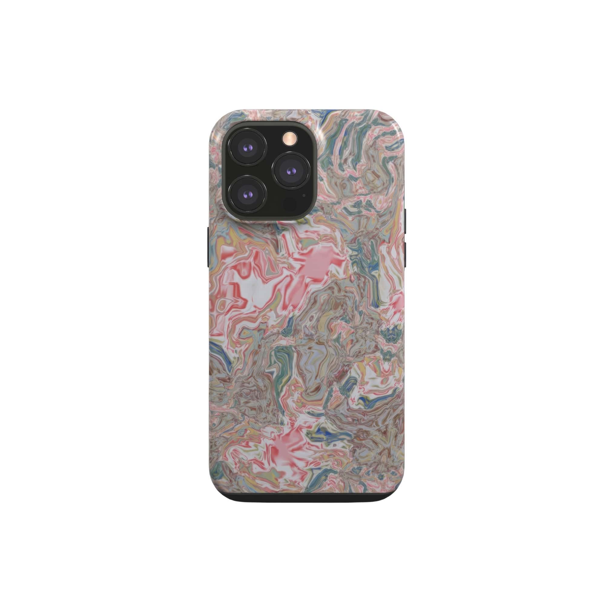 Tough phone case front view; Feel Impress 1 pattern, artistic, abstract marble pattern. Pastel blue, green and red color combination. Inspired by impressionist art. Bold expressive aesthetic design. Colorful and interior fit. Elegant.