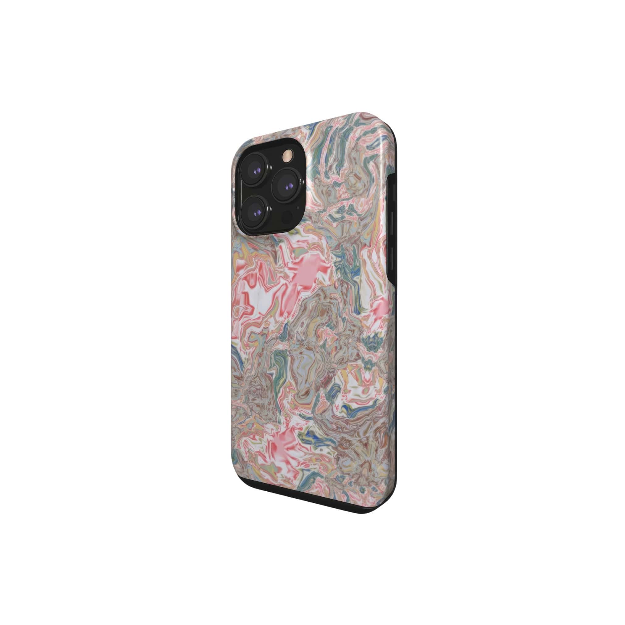 Tough phone case side view; Feel Impress 1 pattern, artistic, abstract marble pattern. Pastel blue, green and red color combination. Inspired by impressionist art.