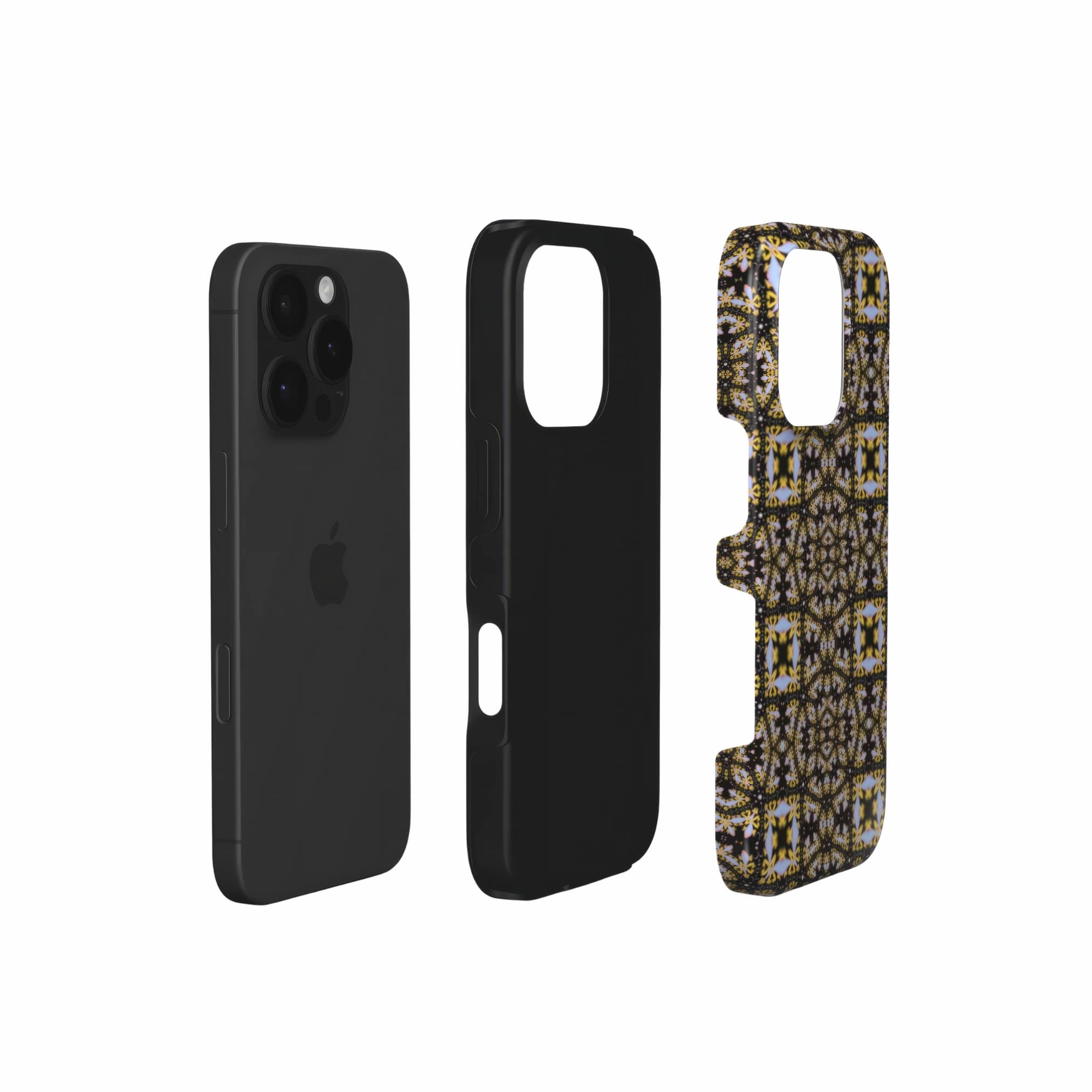 Tough phone case Fleurs Du Jardin 1 pattern with geometric design, featuring an elegant and expressive aesthetic shape. Main colors are blue, yellow and dark purple. Extend view.