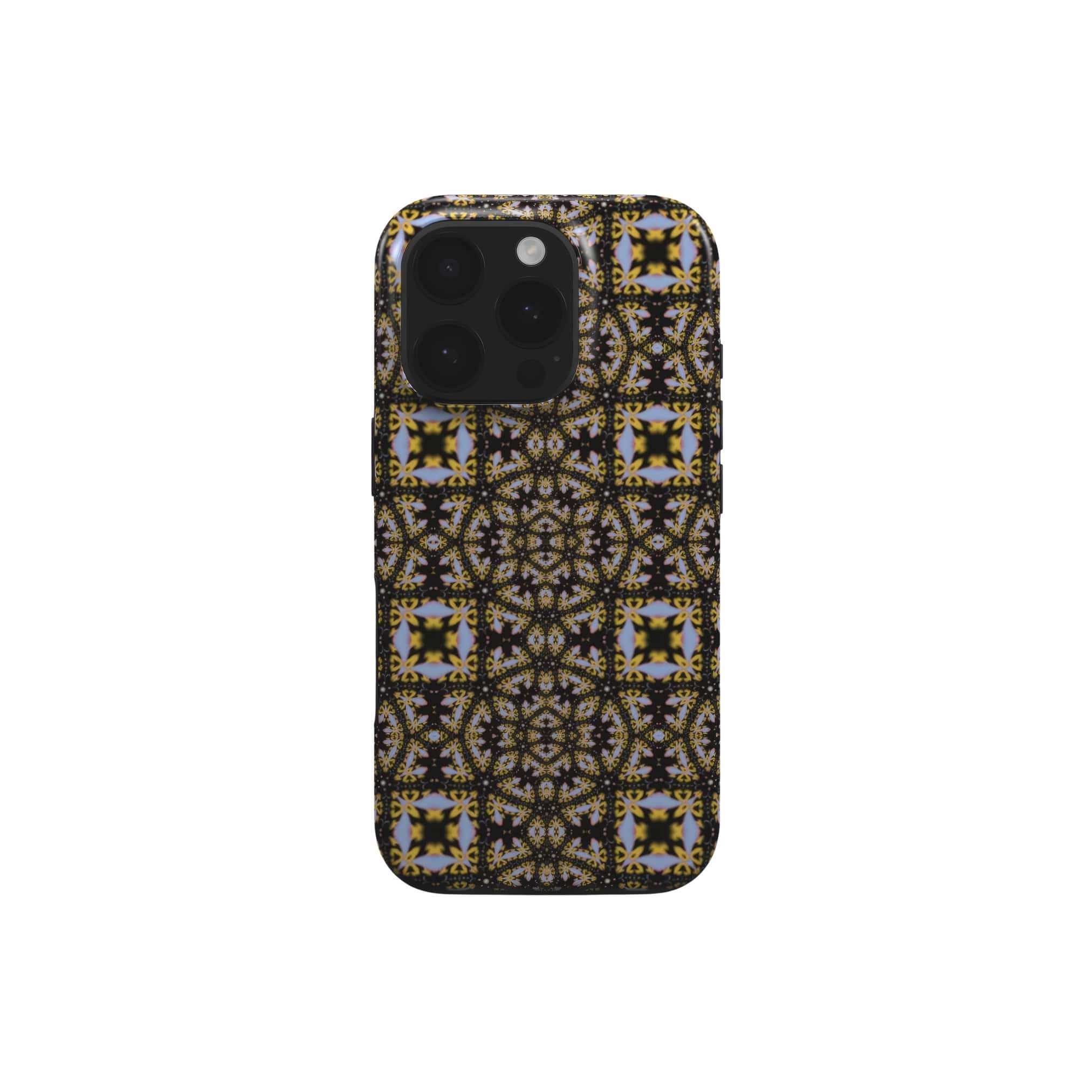 Tough phone case Fleurs Du Jardin 1 pattern with geometric design, featuring an elegant and expressive aesthetic shape. Main colors are blue, yellow and dark purple. Front view.
