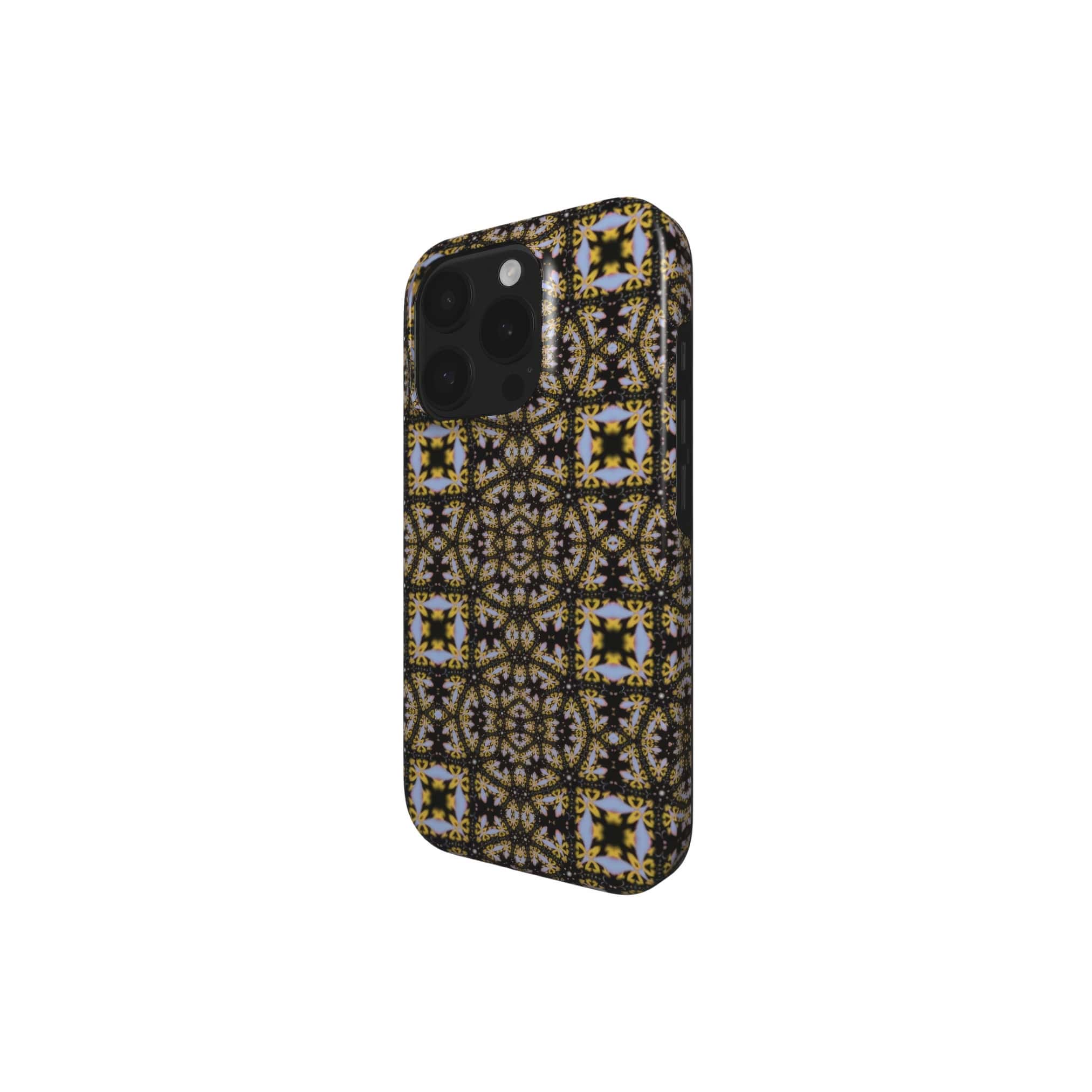 Tough phone case Fleurs Du Jardin 1 pattern with geometric design, featuring an elegant and expressive aesthetic shape. Main colors are blue, yellow and dark purple. Side view.