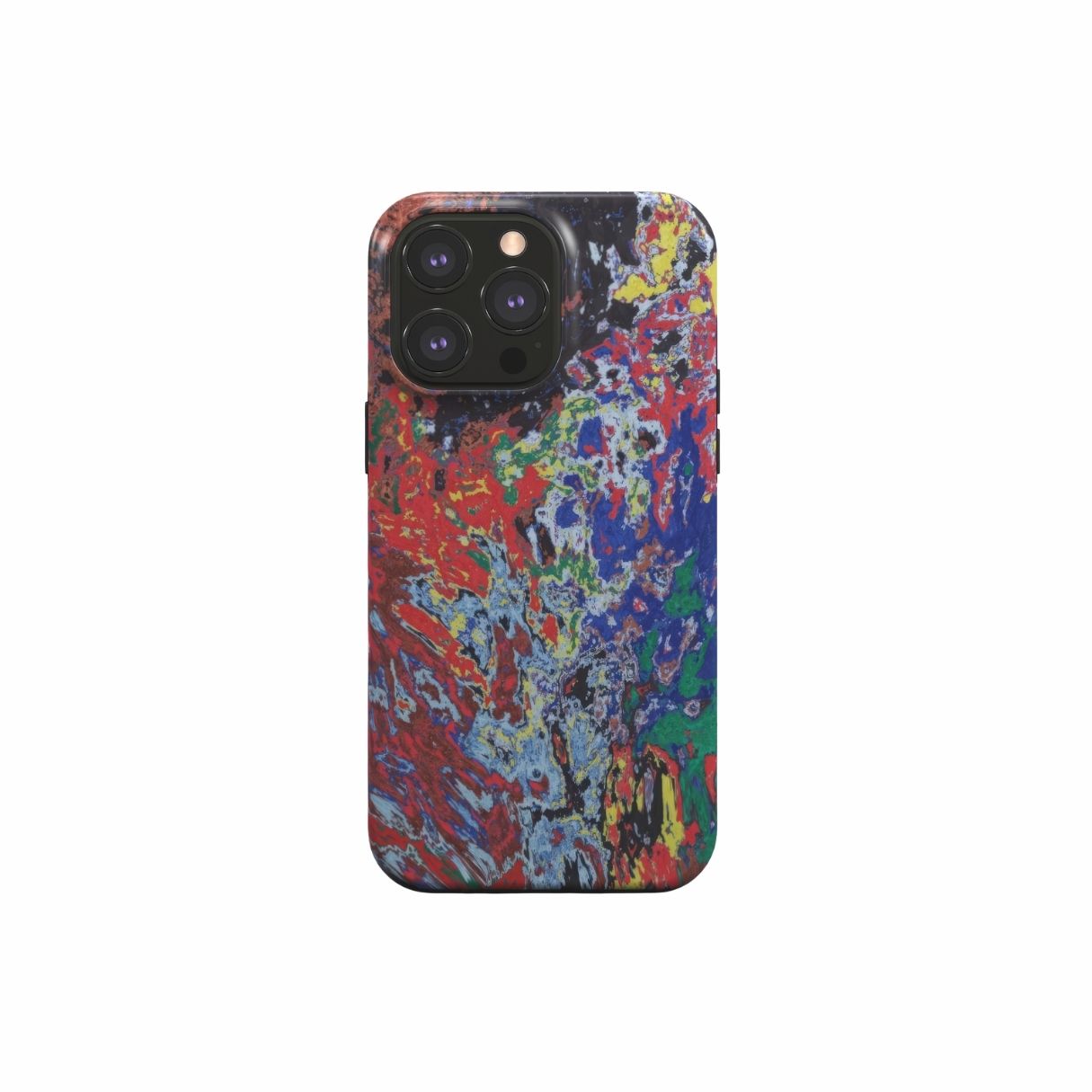 Tough phone case with a bold vivid pattern Graffiti Pulse abstract and artistic style, featuring an elegant and expressive aesthetic design. Main colors are red, blue, black and yellow. Front view.