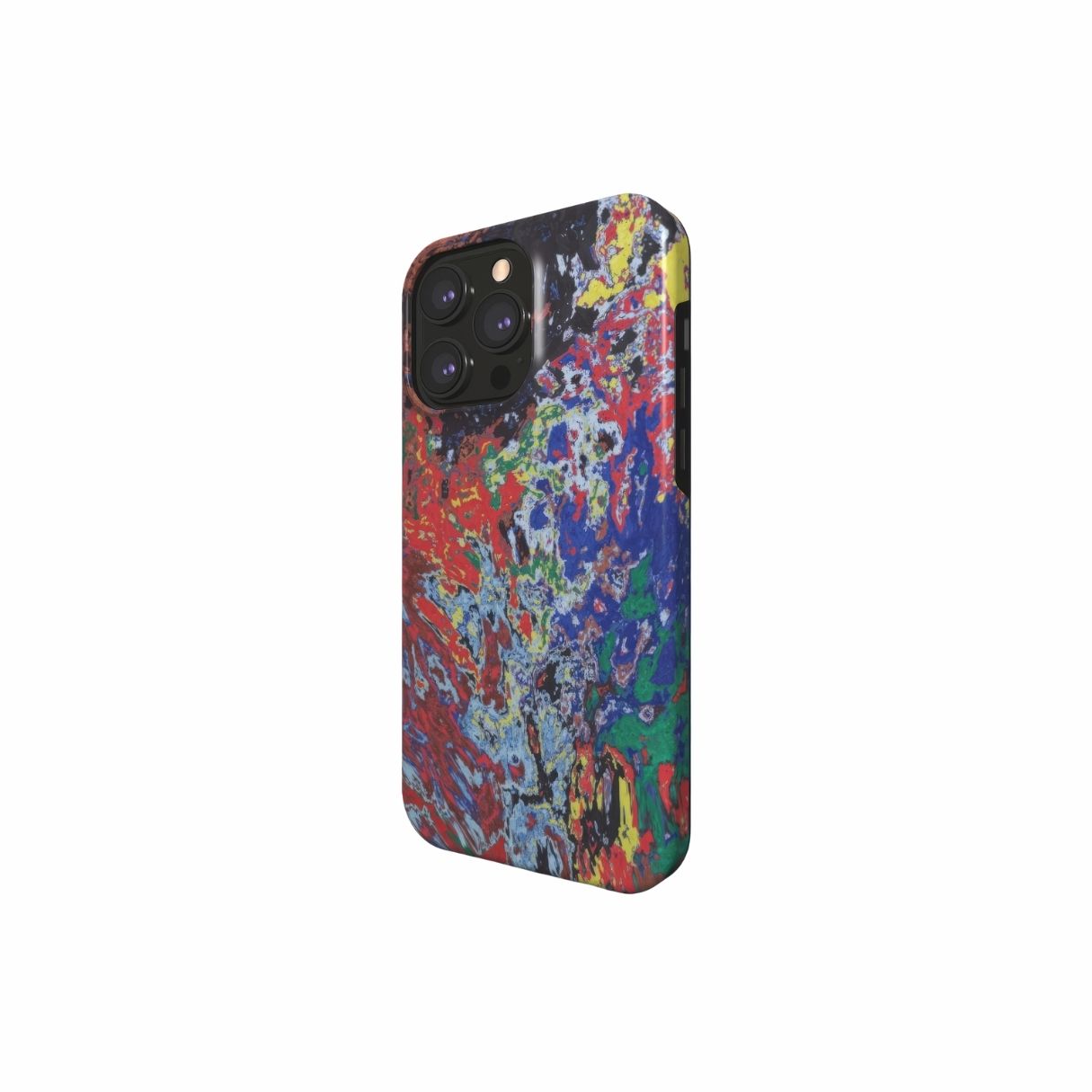 Tough phone case with a bold vivid pattern Graffiti Pulse abstract and artistic style, featuring an elegant and expressive aesthetic design. Main colors are red, blue, black and yellow. Side view.