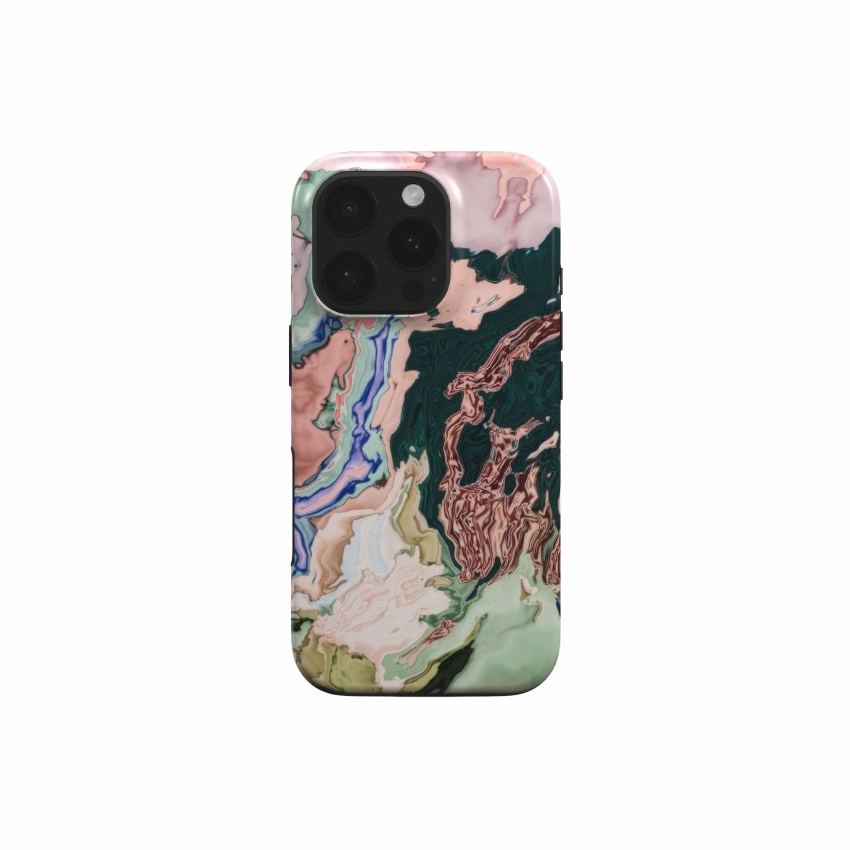 Dual-layer tough phone case with a bold vivid pattern Green Not Grass abstract and artistic style, featuring an elegant and expressive aesthetic design. Main colors are green and pink hues. Front view.