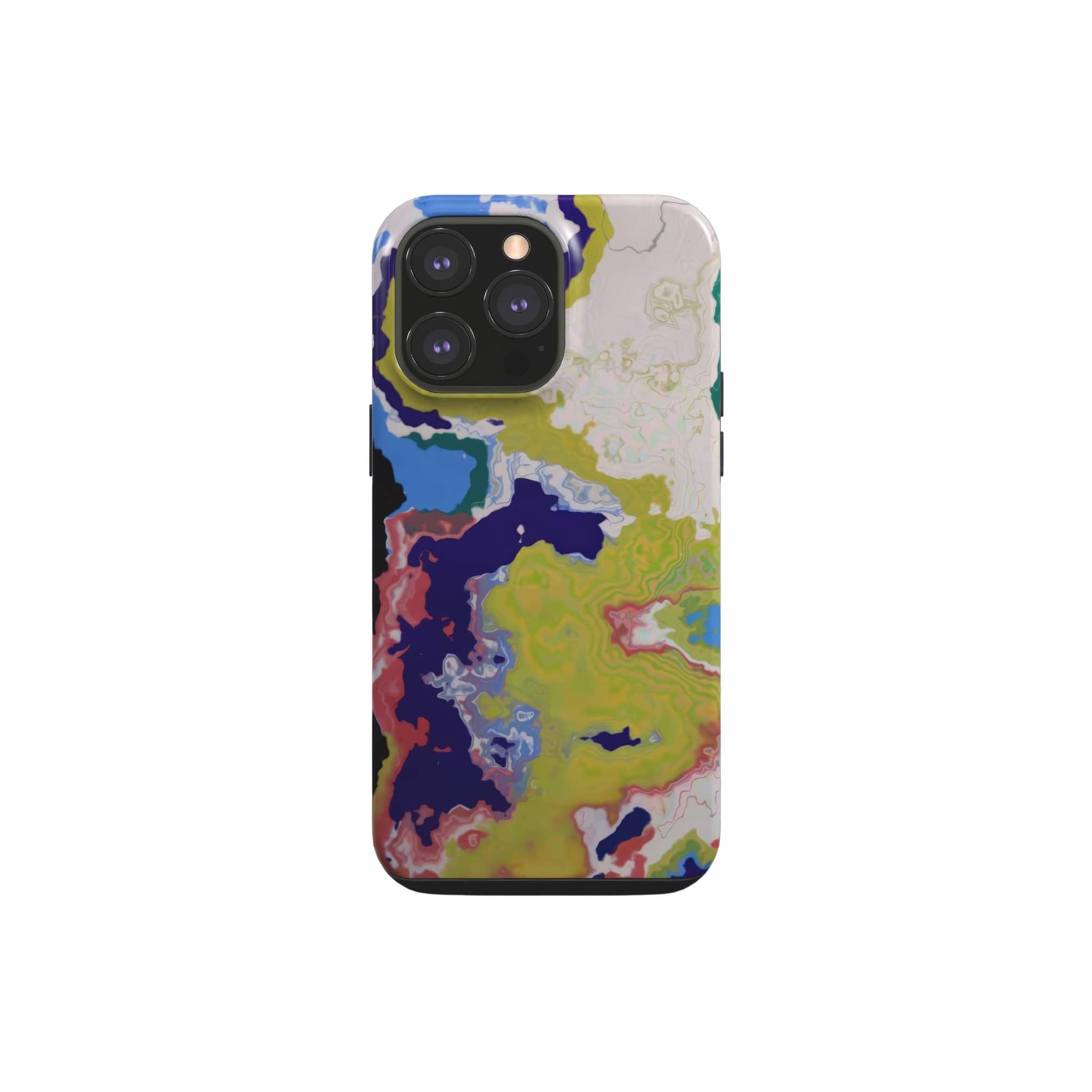 Tough phone case front view; Jamaica 1 pattern, artistic, abstract marble pattern. Dark blue, yellow and white color combination. Bold expressive aesthetic design. Colorful and interior fit. Elegant.
