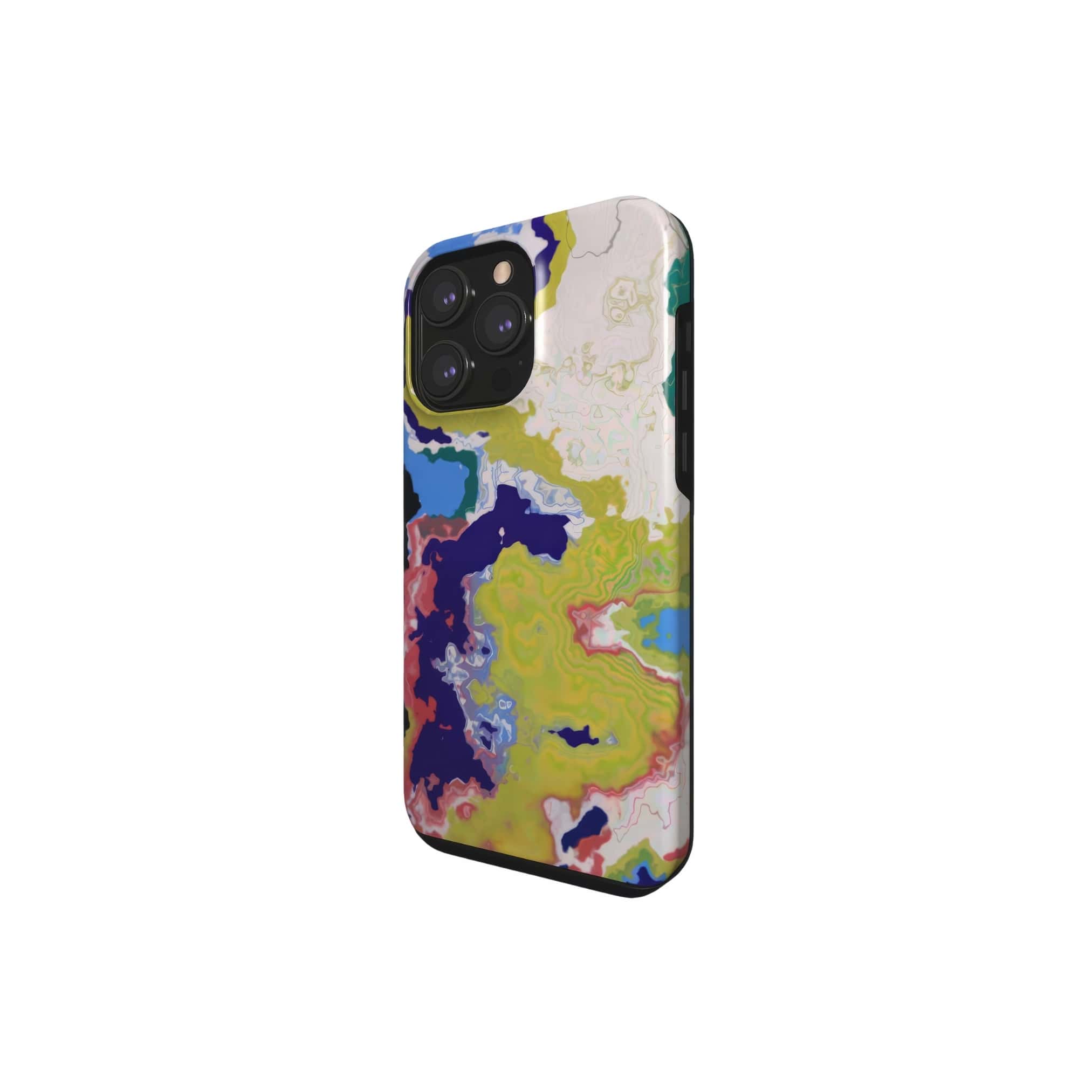 Tough phone case side view; Jamaica 1 pattern, artistic, abstract marble pattern. Dark blue, yellow and white color combination.