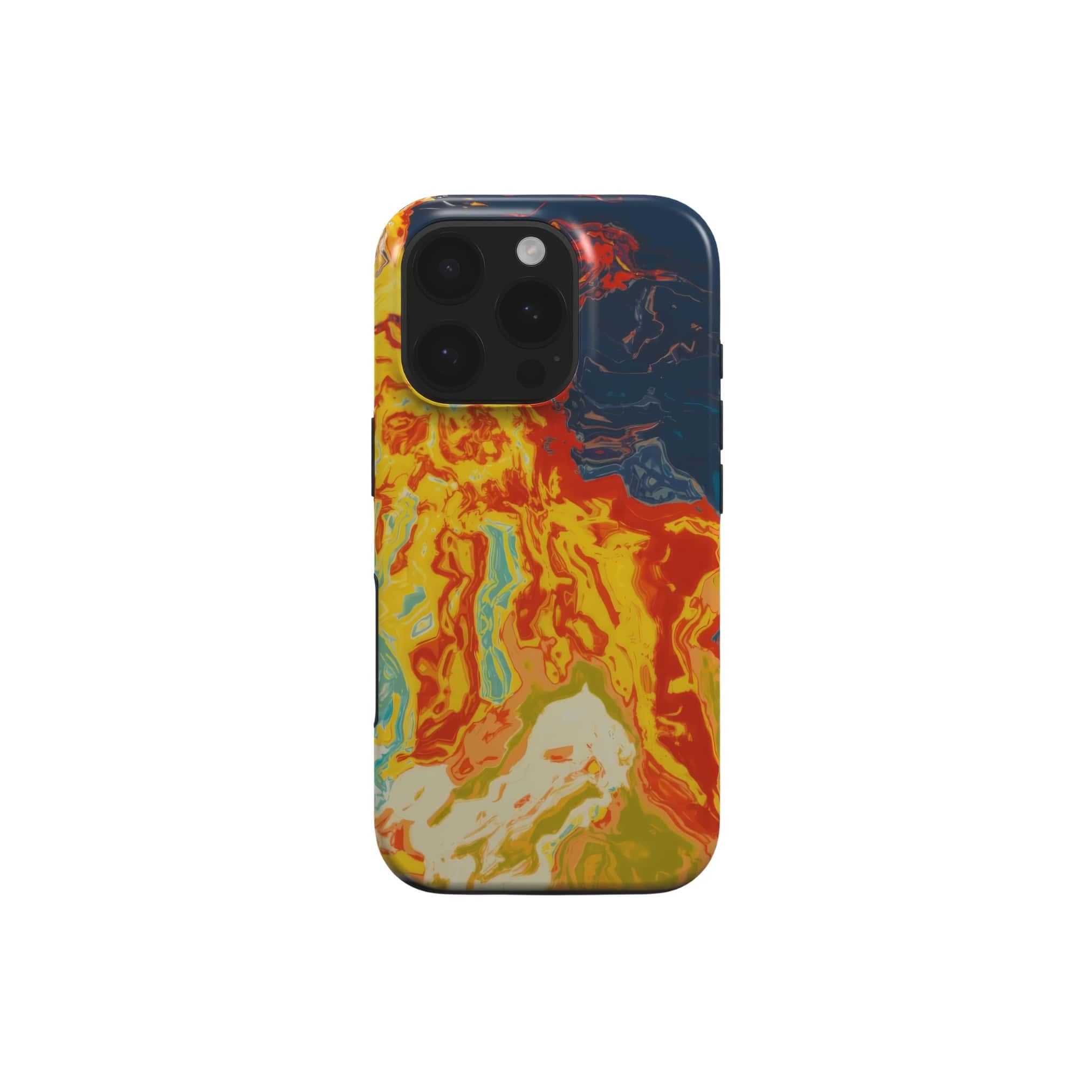 Tough phone case with a bold vivid pattern in marble abstract and artistic style, featuring an elegant and expressive aesthetic design. Main colors are navy deep blue, rich yellow, red and marine blue. Front view.