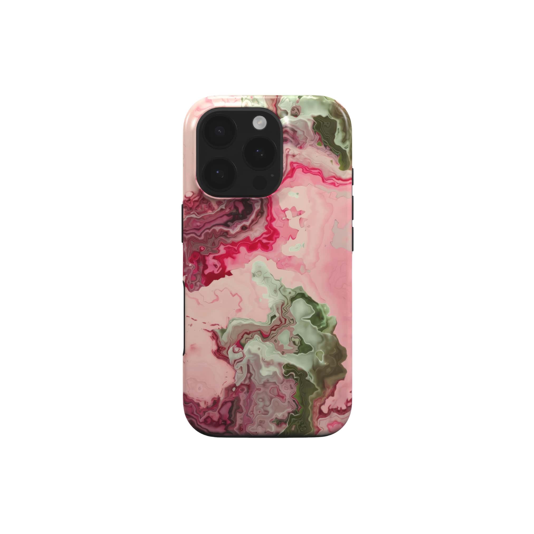 Tough phone case with a bold vivid pattern Like Flamingo 1 in marble abstract and artistic style, featuring an elegant and expressive aesthetic design. Main colors are pink and green. Front view.
