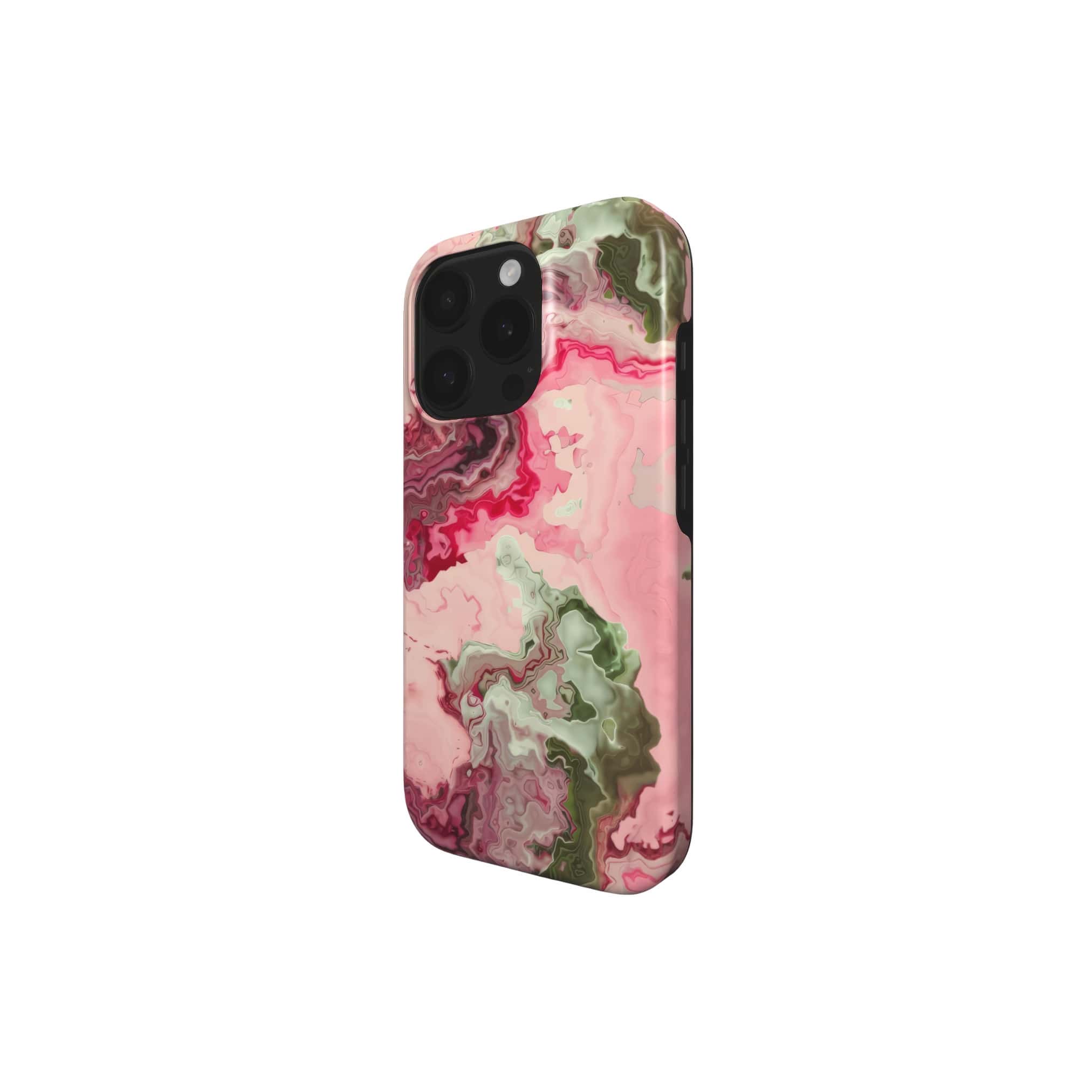 Tough phone case with a bold vivid pattern Like Flamingo 1 in marble abstract and artistic style, featuring an elegant and expressive aesthetic design. Main colors are pink and green. Side view.