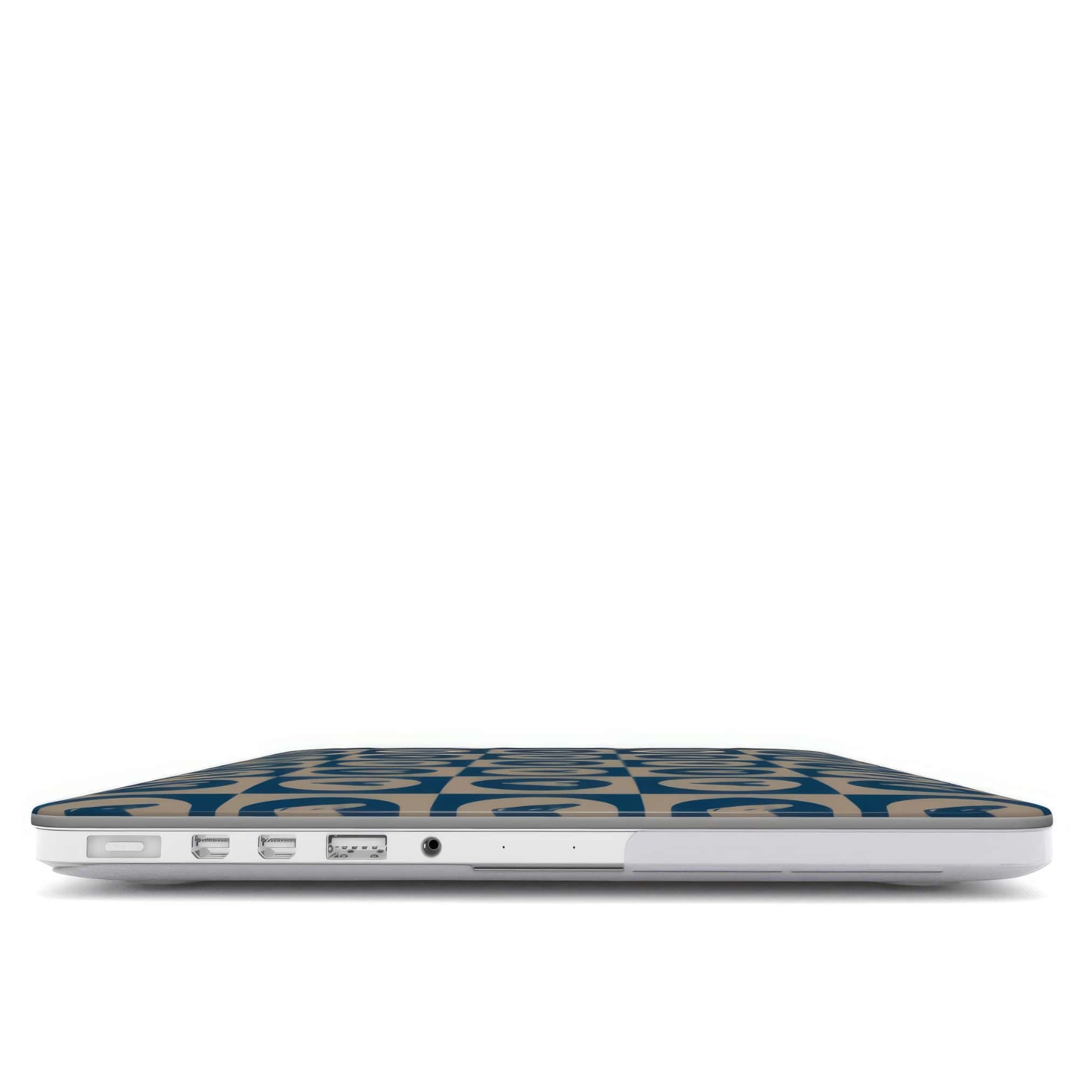 MacBook case LovDot 2 pattern design with a dynamic geometric symmetry in heart and dot style, featuring an elegant and expressive aesthetic design. Main colors are steel blue and light brown. Closed view.