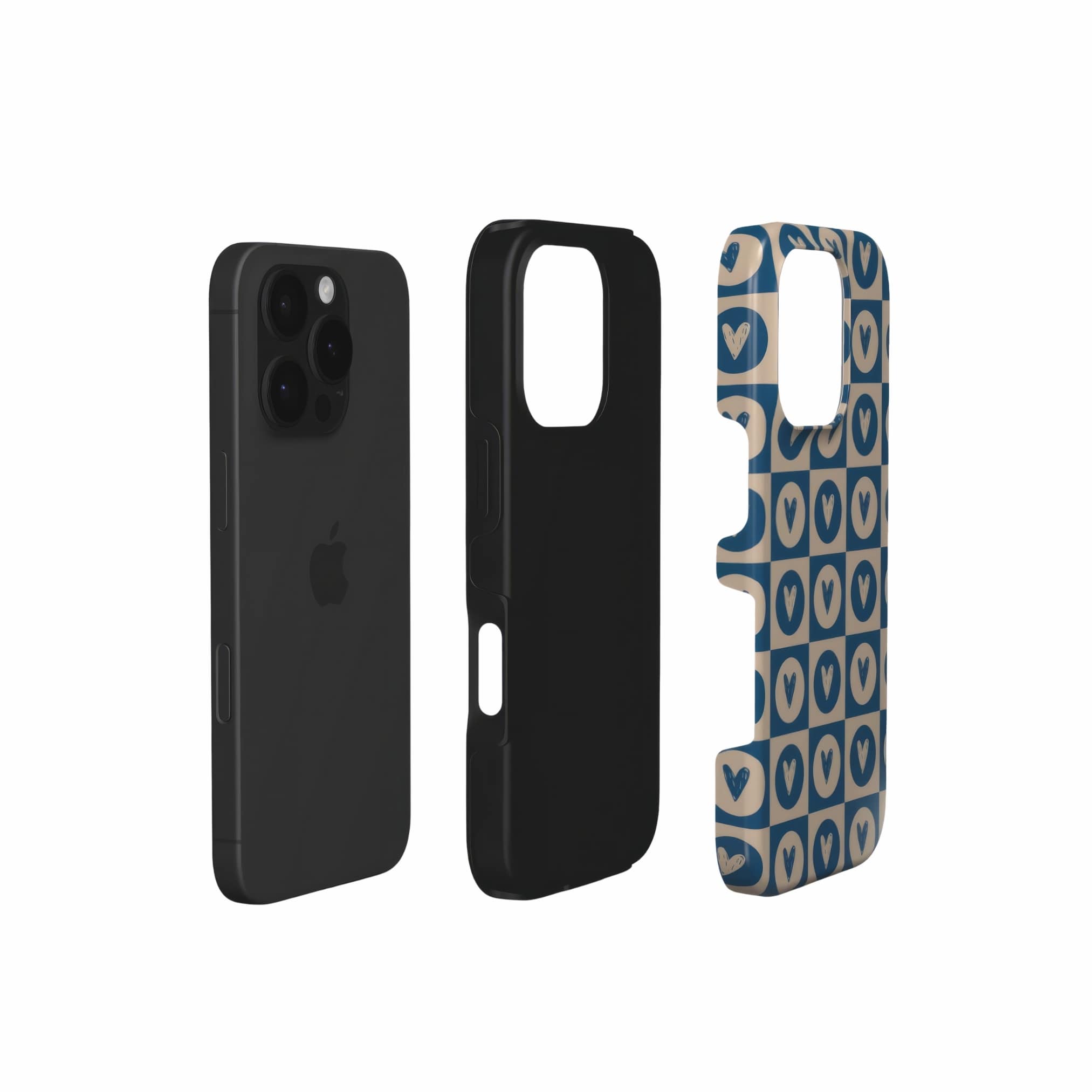 Tough phone case LovDot Blue pattern design with a dynamic geometric symmetry in heart and dot style, featuring an elegant and expressive aesthetic design. Main colors are steel blue and light brown. Extend view.