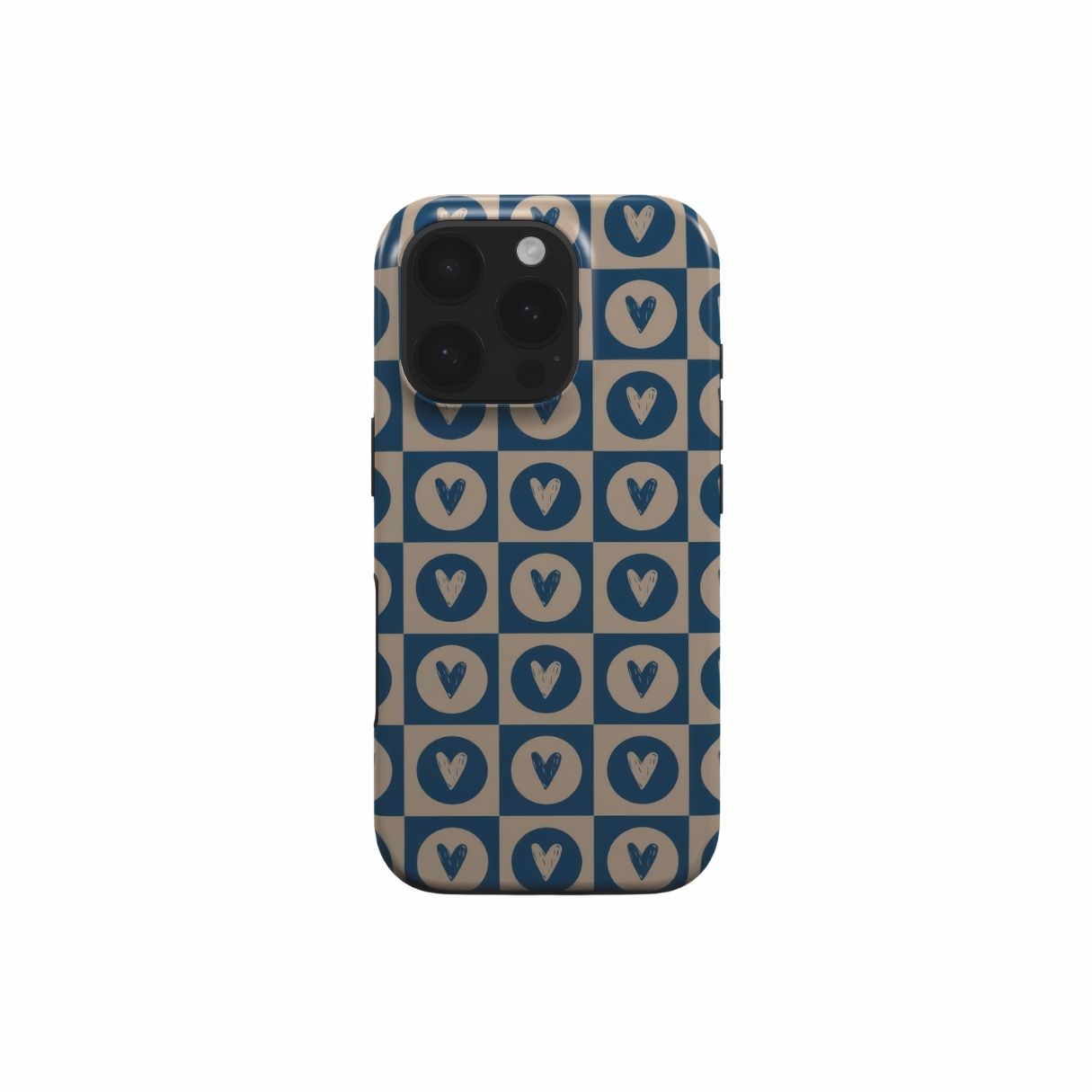 Tough phone case LovDot Blue pattern design with a dynamic geometric symmetry in heart and dot style, featuring an elegant and expressive aesthetic design. Main colors are steel blue and light brown. Front view.