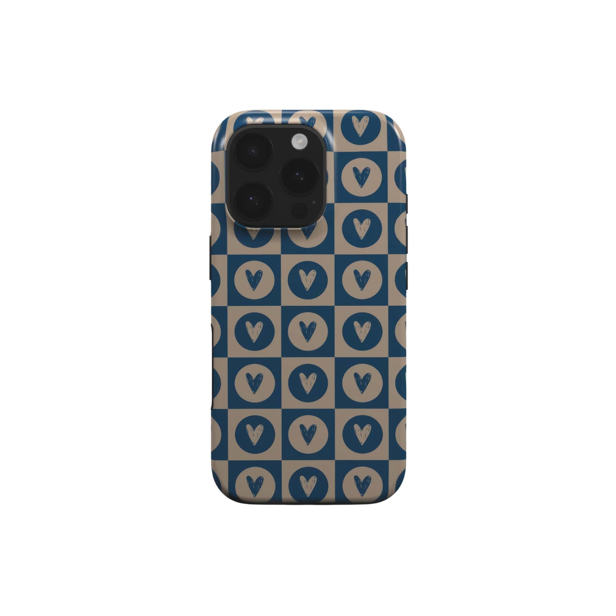 Tough phone case LovDot Blue pattern design with a dynamic geometric symmetry in heart and dot style, featuring an elegant and expressive aesthetic design. Main colors are steel blue and light brown. Front view.