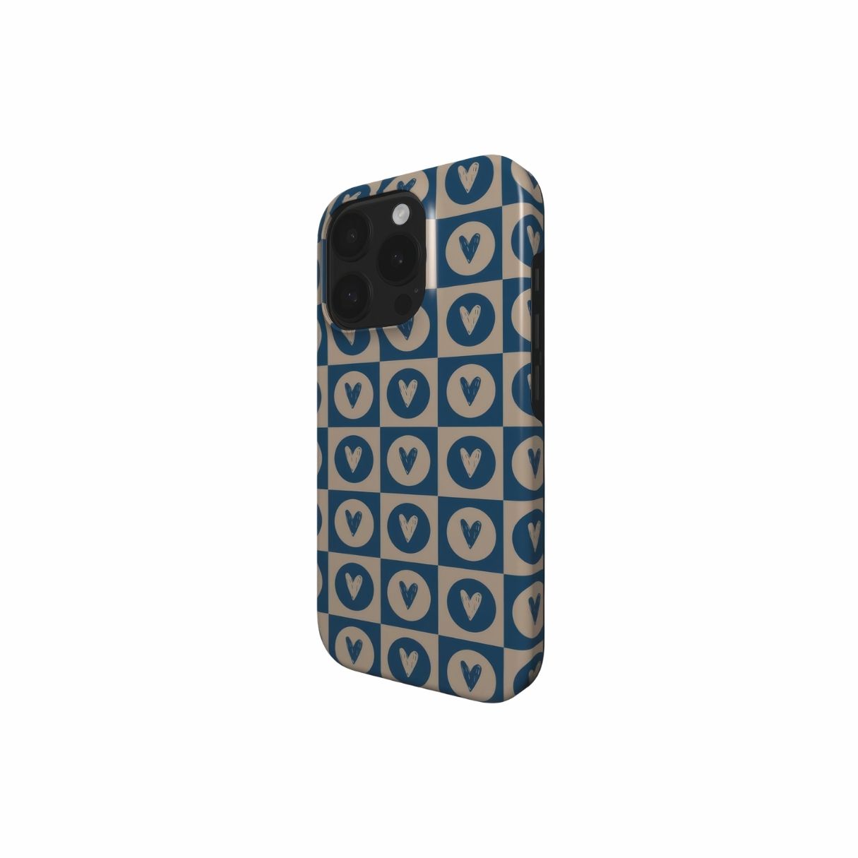 Tough phone case LovDot Blue pattern design with a dynamic geometric symmetry in heart and dot style, featuring an elegant and expressive aesthetic design. Main colors are steel blue and light brown. Side view.