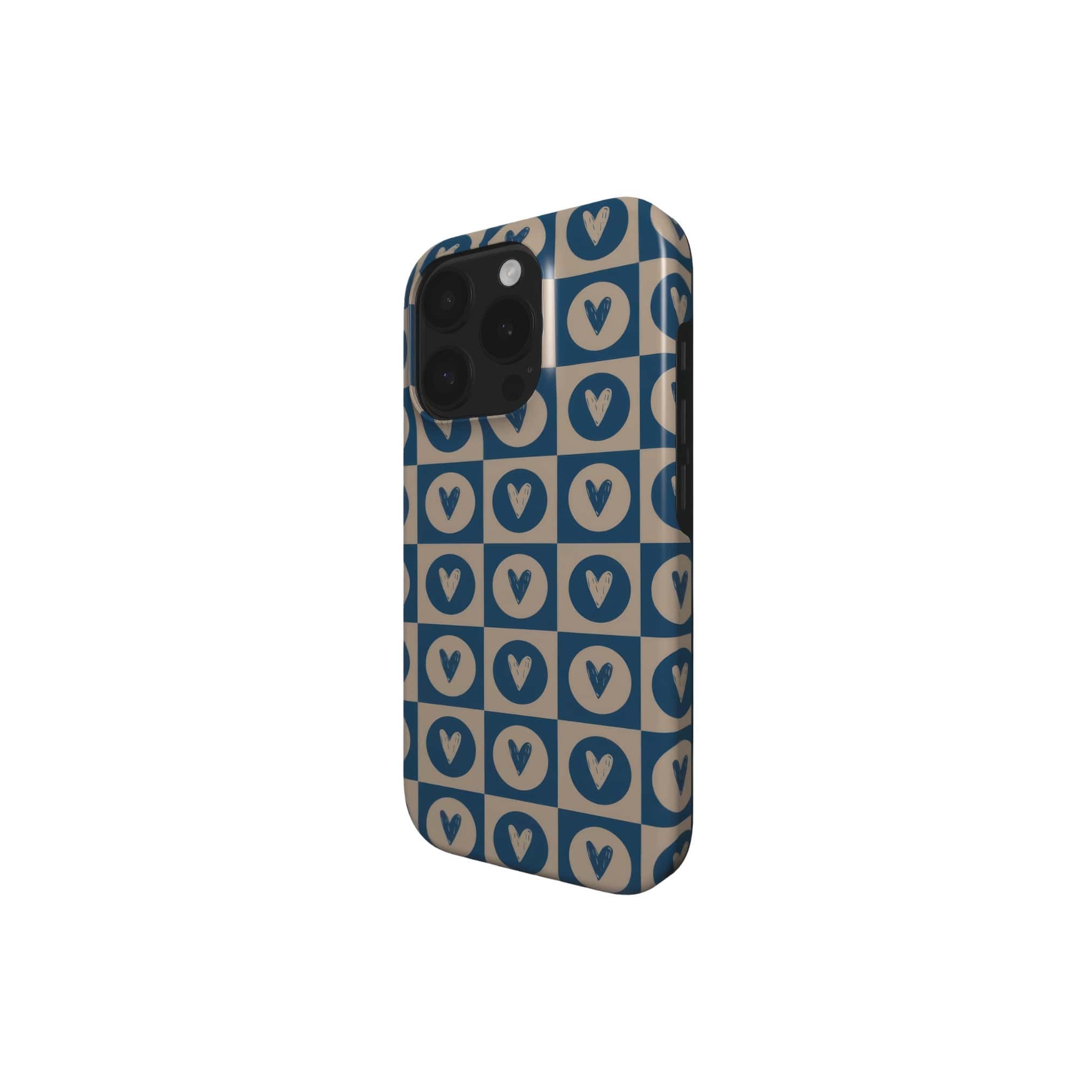 Tough phone case LovDot Blue pattern design with a dynamic geometric symmetry in heart and dot style, featuring an elegant and expressive aesthetic design. Main colors are steel blue and light brown. Side view.