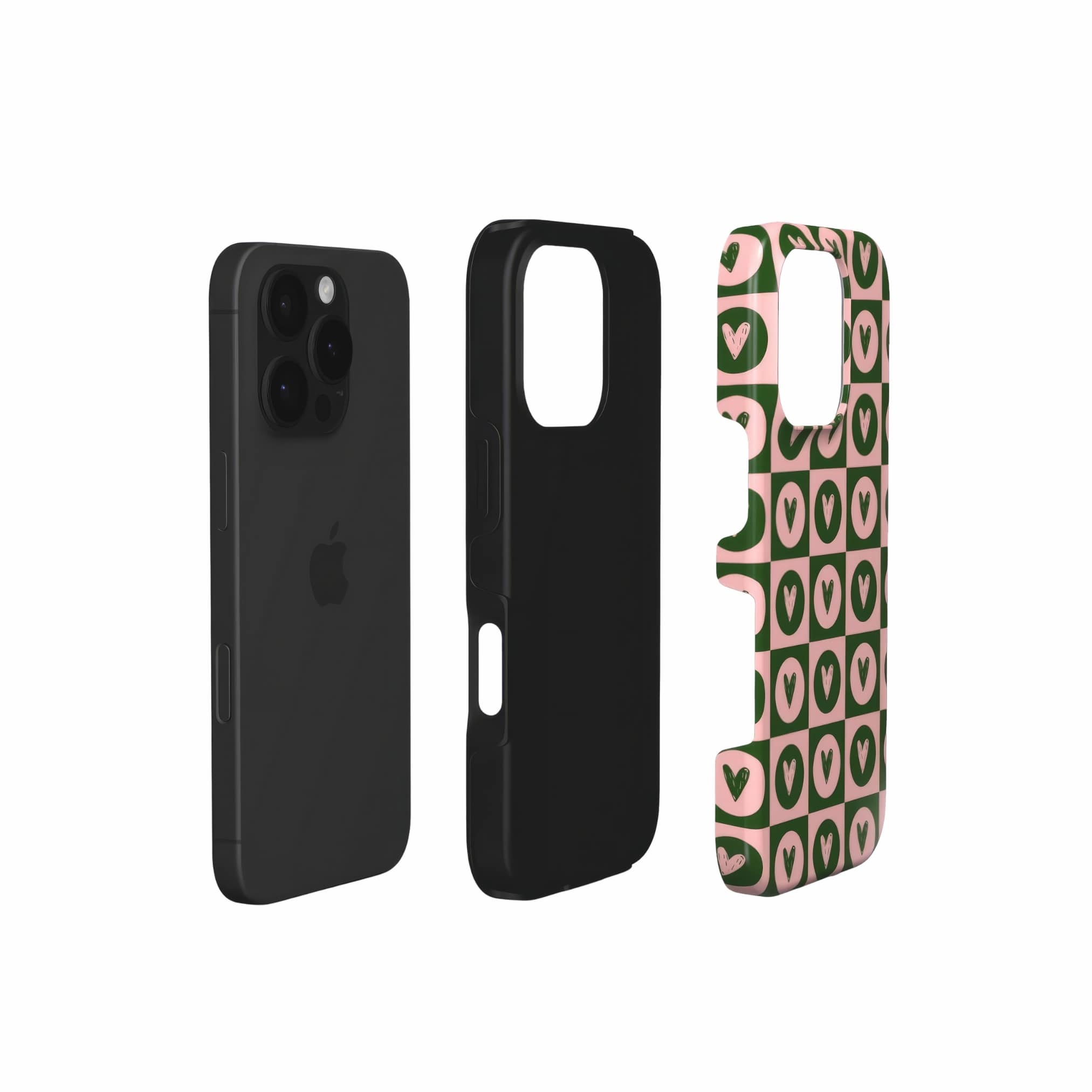Tough phone case LovDot Vintage Rose pattern design with a dynamic geometric symmetry in heart and dot style, featuring an elegant and expressive aesthetic design. Main colors are vintage pink and green. Extend view.
