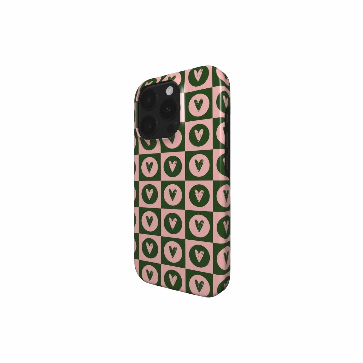 Tough phone case LovDot Vintage Rose pattern design with a dynamic geometric symmetry in heart and dot style, featuring an elegant and expressive aesthetic design. Main colors are vintage pink and green. Side view.