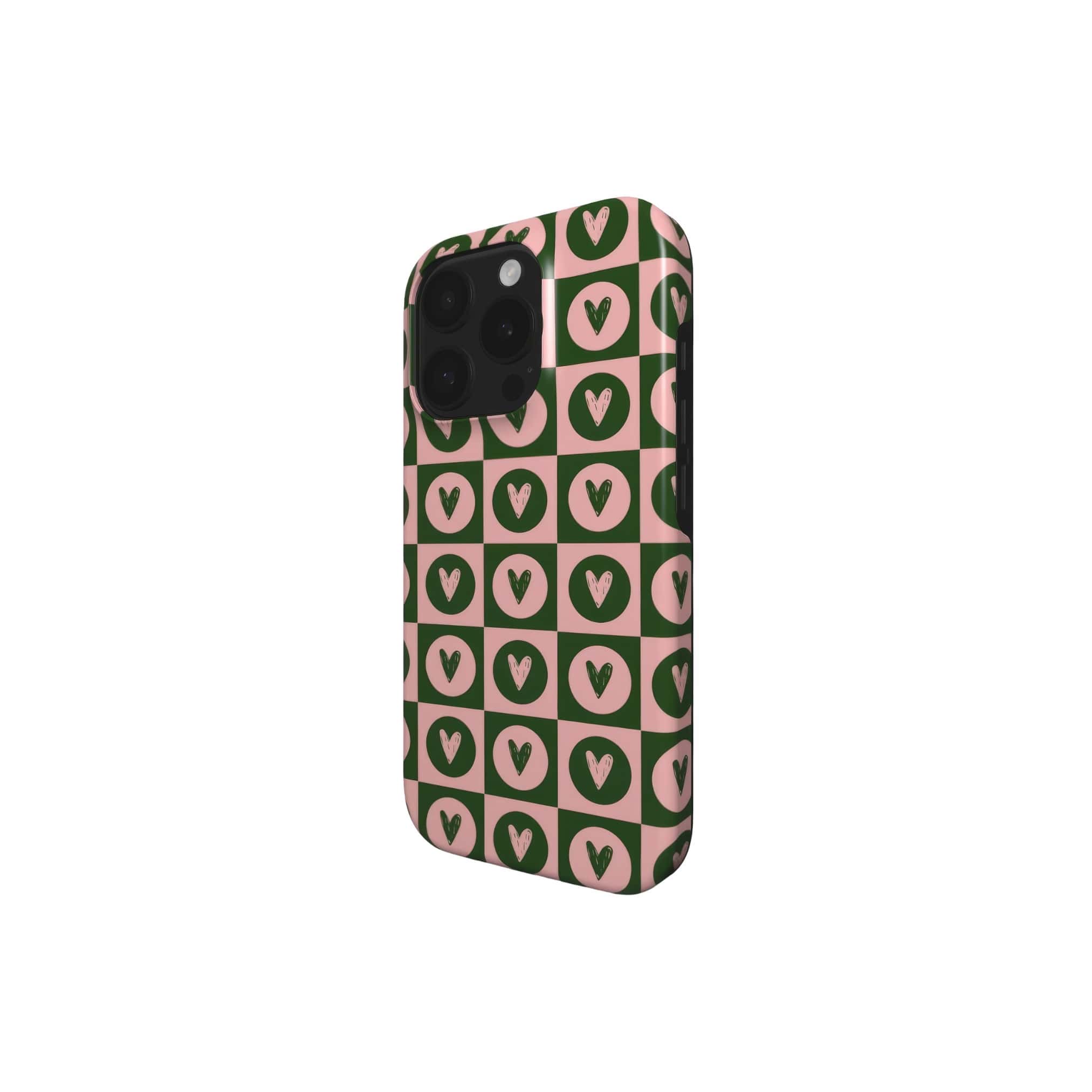 Tough phone case LovDot Vintage Rose pattern design with a dynamic geometric symmetry in heart and dot style, featuring an elegant and expressive aesthetic design. Main colors are vintage pink and green. Side view.