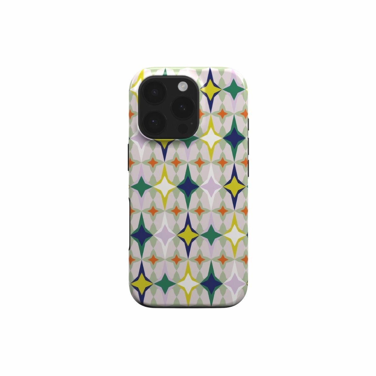 Tough phone case Magic Spring pattern design with a dynamic geometric symmetry in geometric style, featuring an elegant and expressive aesthetic design. Main colors are green, yellow, orange red and deep blue. Front view.
