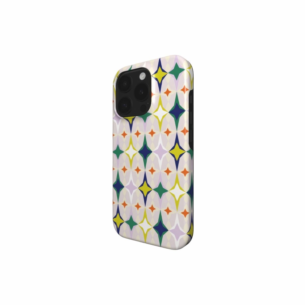 Tough phone case Magic Summer pattern design with a dynamic geometric symmetry in geometric style, featuring an elegant and expressive aesthetic design. Main colors are green, yellow, orange red and lilac. Side view.