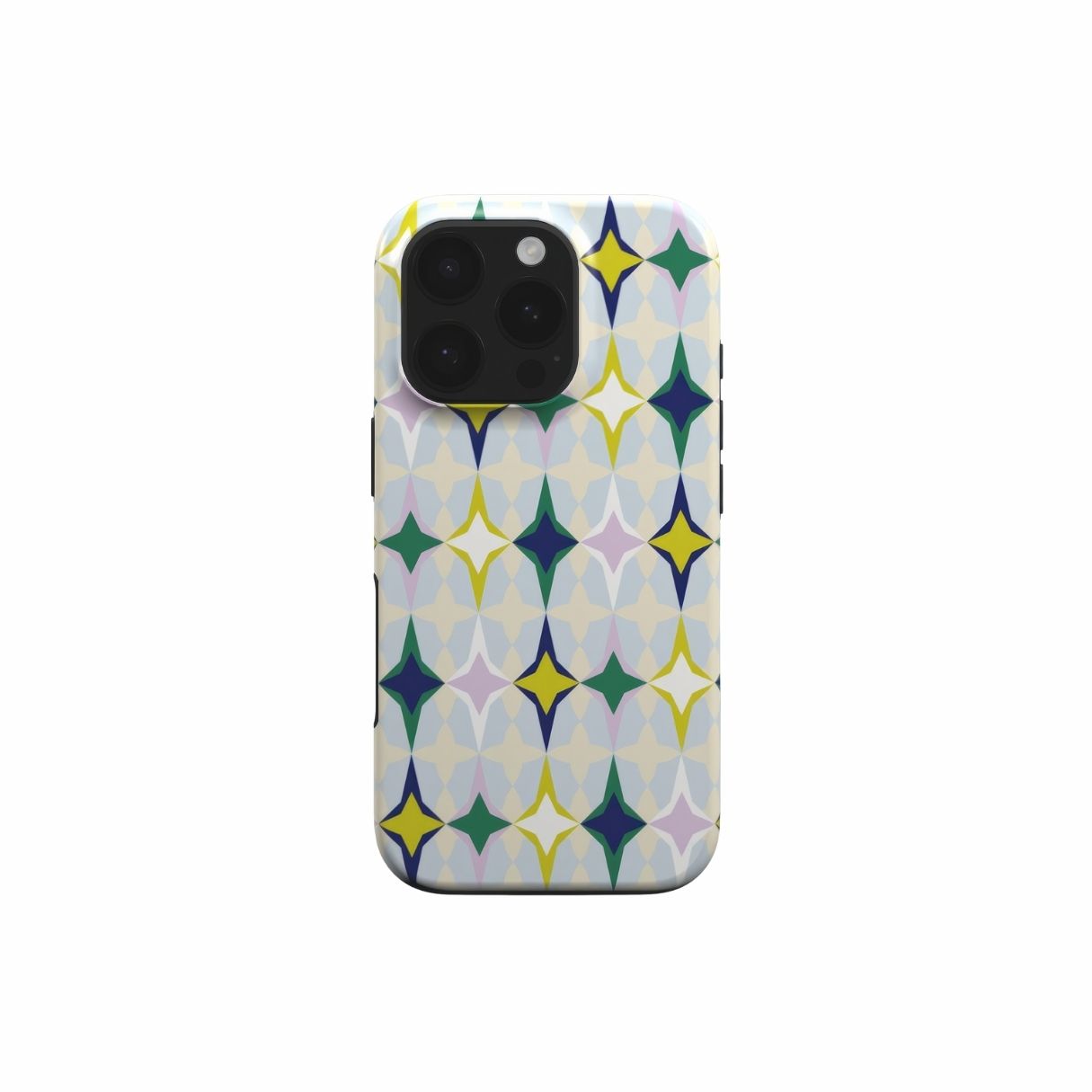 Tough phone case Magic Winter pattern design with a dynamic geometric symmetry in geometric style, featuring an elegant and expressive aesthetic design. Main colors are divine blue, yellow, green and deep blue. Front view.