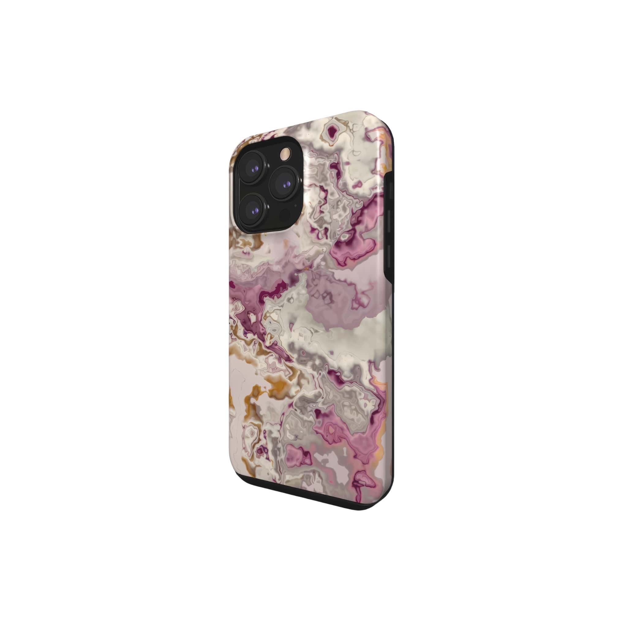 Tough phone case side view; Marshmallow 1 pattern, artistic, abstract marble pattern. Pink and beige color combination.