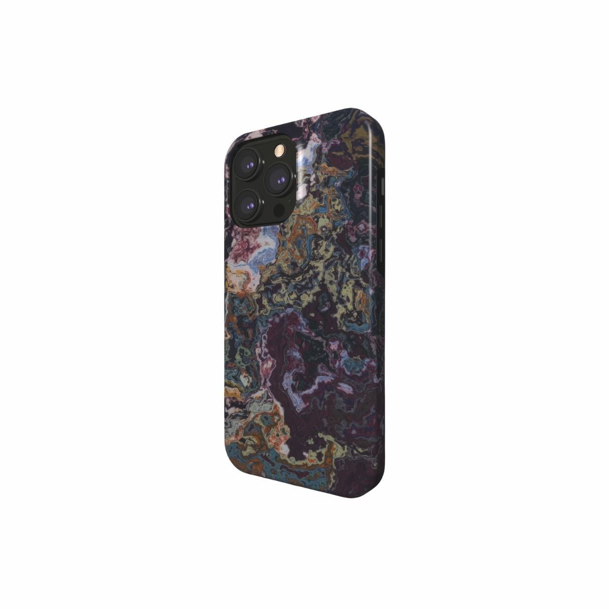 Tough phone case side view; Molten Berries Mix pattern, artistic, abstract marble pattern. Deep. purple color. Bold expressive aesthetic design. Colorful and interior fit. Elegant.