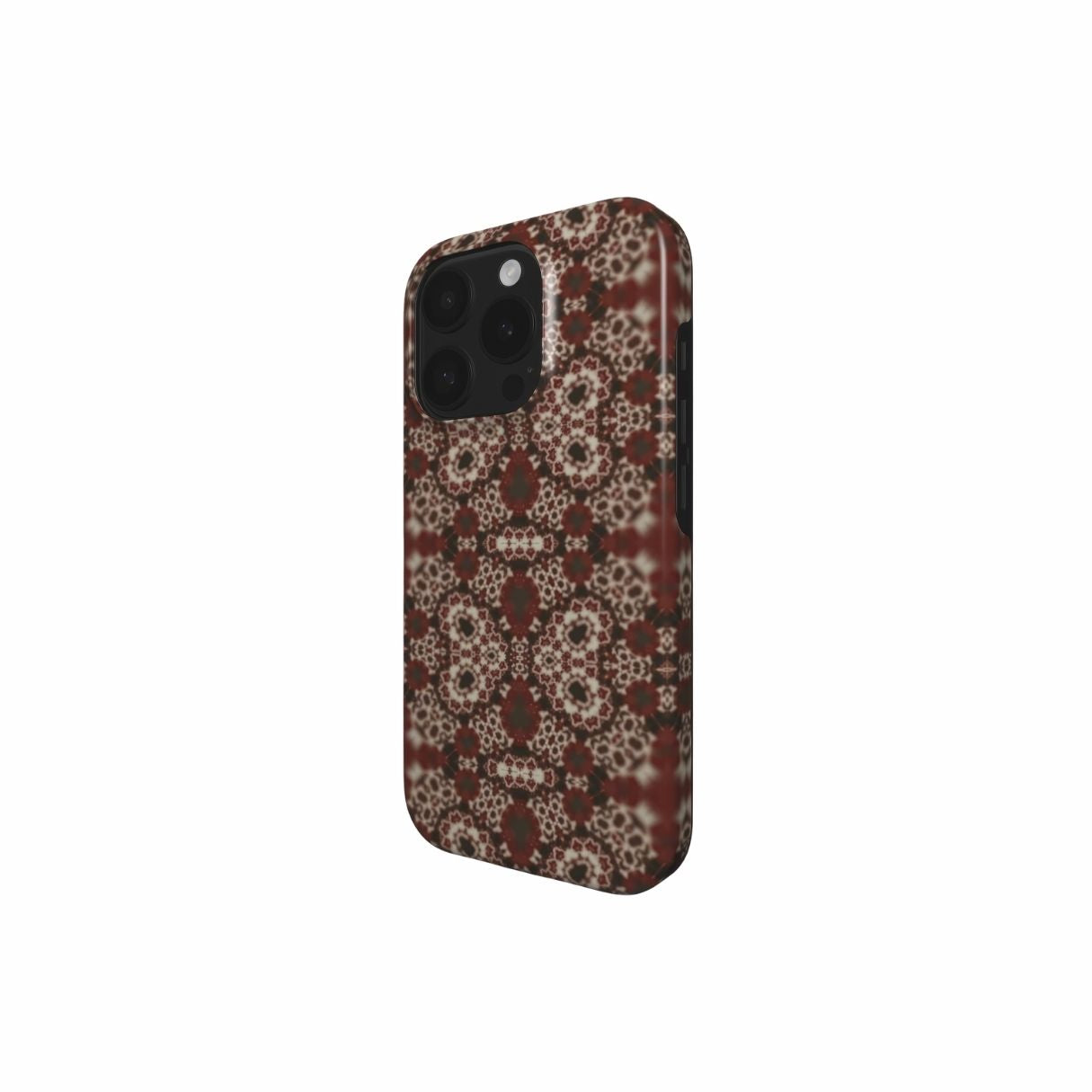 Valentine's edition design. Tough Phone Case My Heart pattern with ornamental design, featuring an elegant and expressive aesthetic shape. Main color is deep red. Side view.