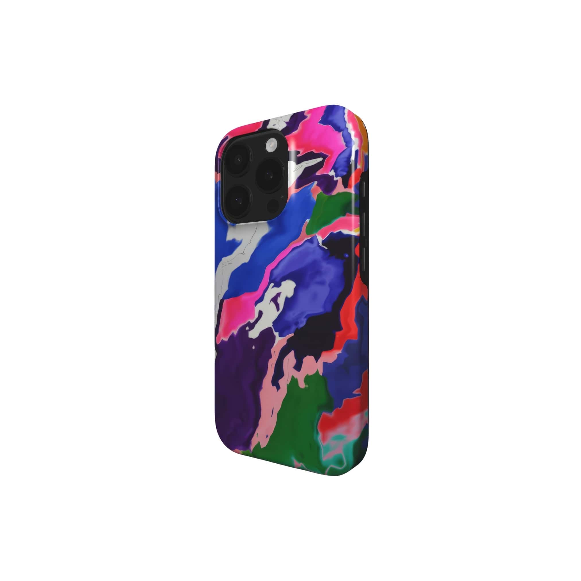 Tough phone case side view; Nebula Drift pattern, artistic, abstract marble pattern. Blue and purple color combination. Bold expressive aesthetic design. Colorful and interior fit. Elegant.
