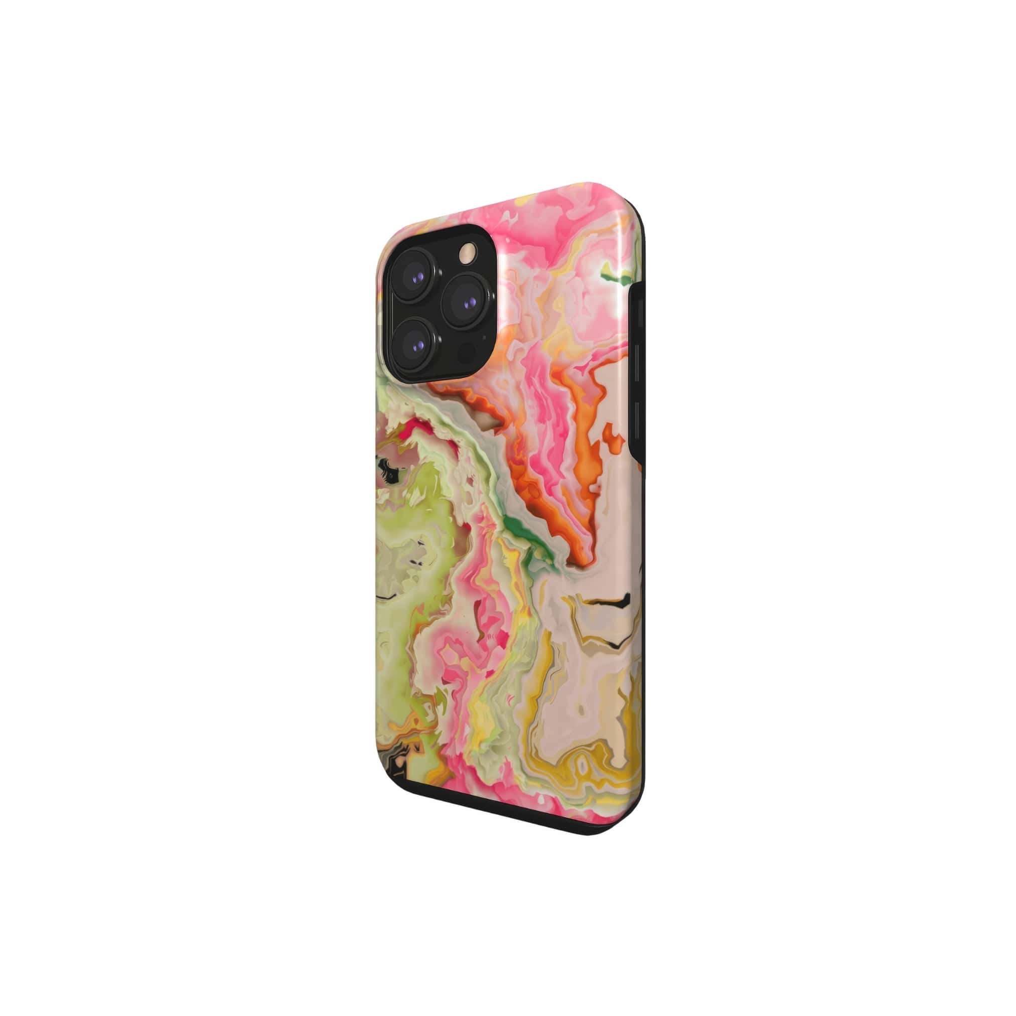 Tough phone case side view; Neon Pink Light pattern, artistic, abstract marble pattern. Light pink and green color combination. 