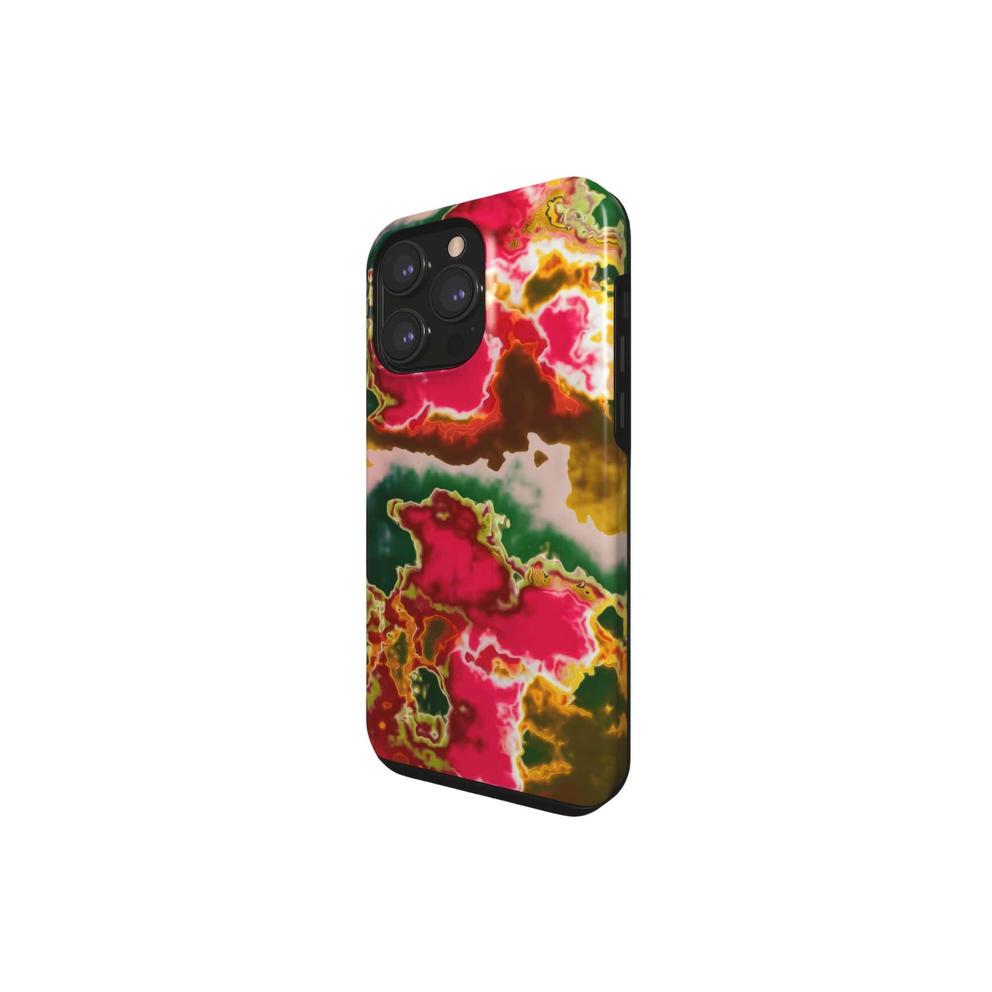 Tough phone case side view; Neon Pink Rich pattern, artistic, abstract marble pattern. Pink and green color combination.
