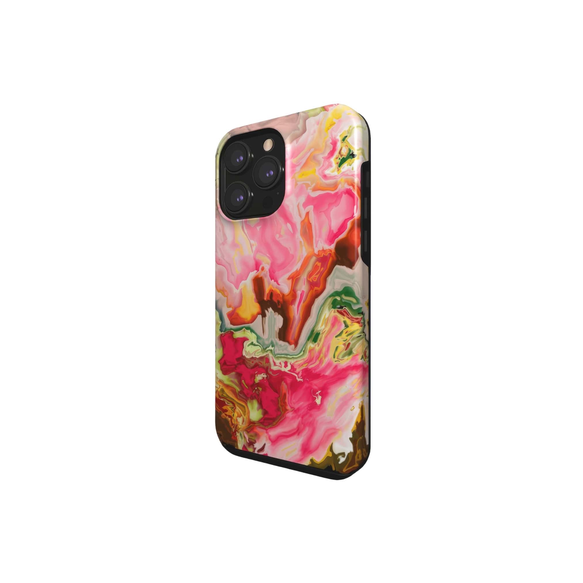 Tough phone case side view; Neon Pink pattern, artistic, abstract marble pattern. Pink and green color combination.